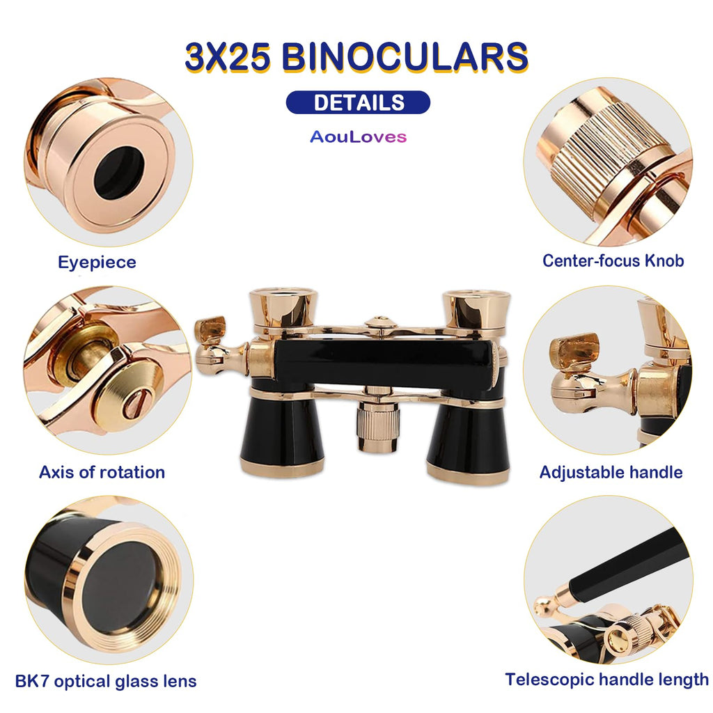 Opera Glasses Binoculars 3 X 25 Compact and Lightweight with Built-in Foldable Theater Glasses, Adjustable Handle for Adults Kids Women in Music Concerts and Opera Houses (Black)