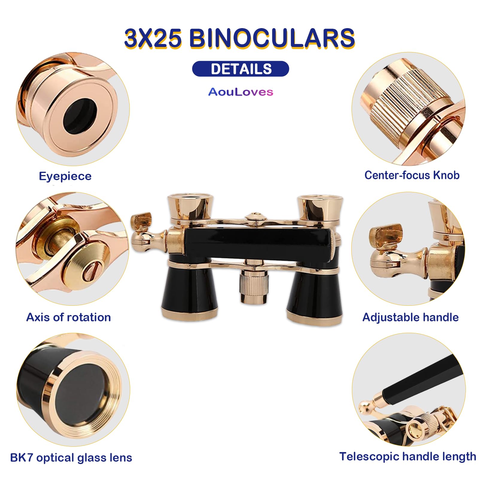 Opera Glasses Binoculars 3 X 25 Compact and Lightweight with Built-in Foldable Theater Glasses, Adjustable Handle for Adults Kids Women in Music Concerts and Opera Houses (Black)