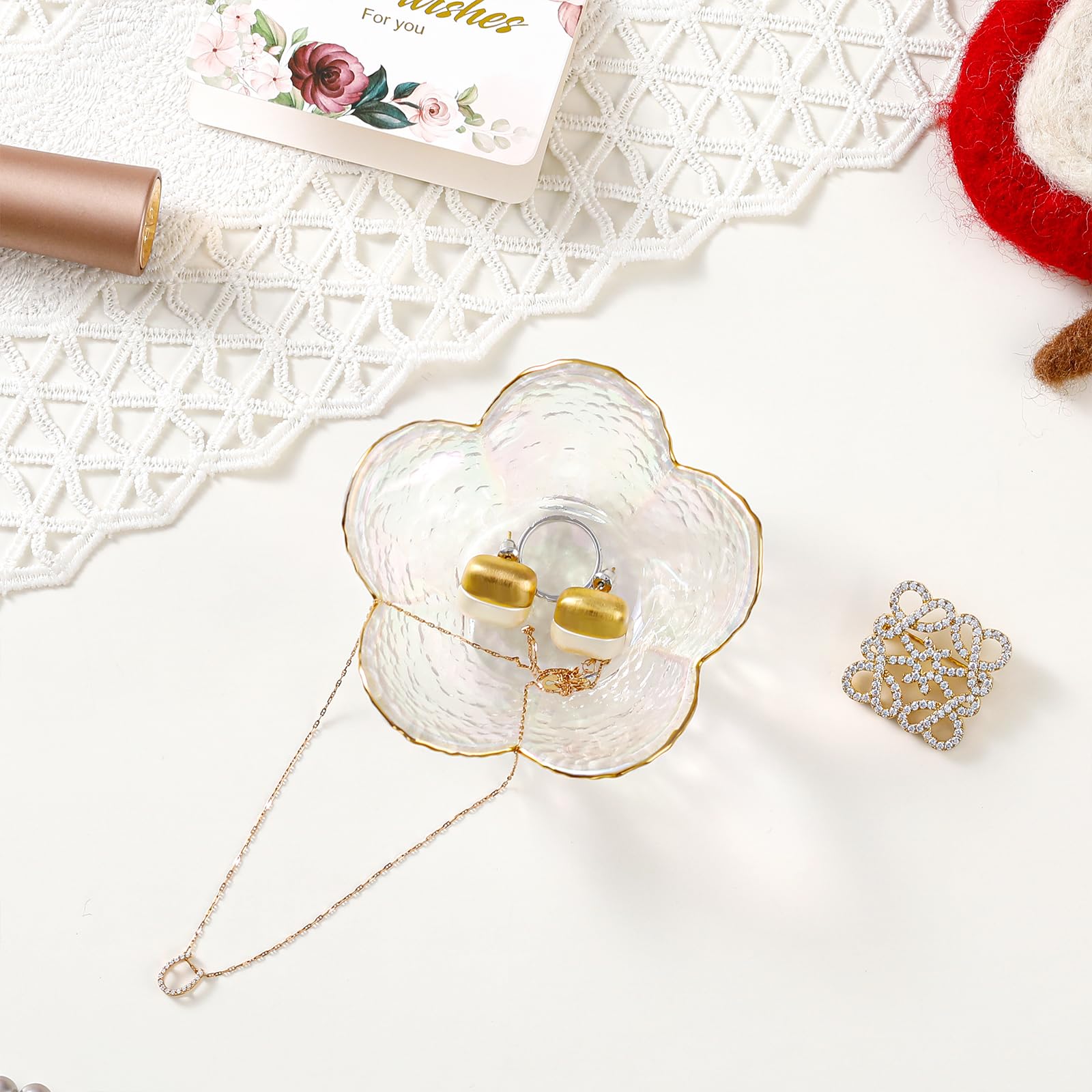 Gifts for Women Trinket Dish Flower Jewelry Dish Pink Glass Ring Holder Jewellery Tray Cute Room Decor Aesthetic Bedroom Accessories Unique Birthday New Home Mothers Day Gifts for Women Friends(2 pcs)