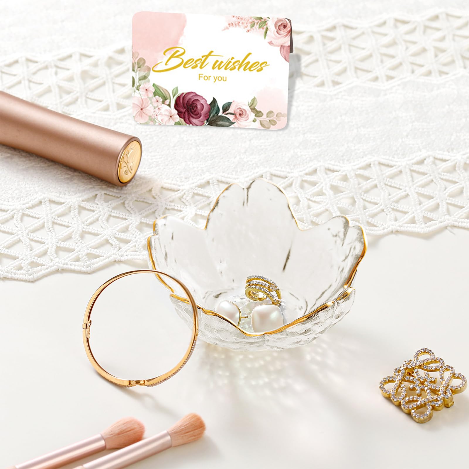 Gifts for Women Trinket Dish Flower Jewelry Dish Pink Glass Ring Holder Jewellery Tray Cute Room Decor Aesthetic Bedroom Accessories Unique Birthday New Home Mothers Day Gifts for Women Friends(2 pcs)