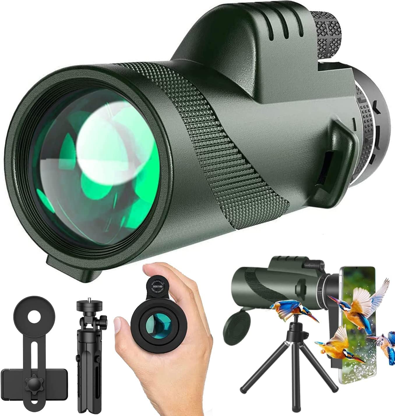 Monocular Telescope 80x100 High Powered Monoculars High Definition for Adults High Powered with Smartphone Adapter Telescope Wildlife Bird Watching Travel Camping Hiking Green