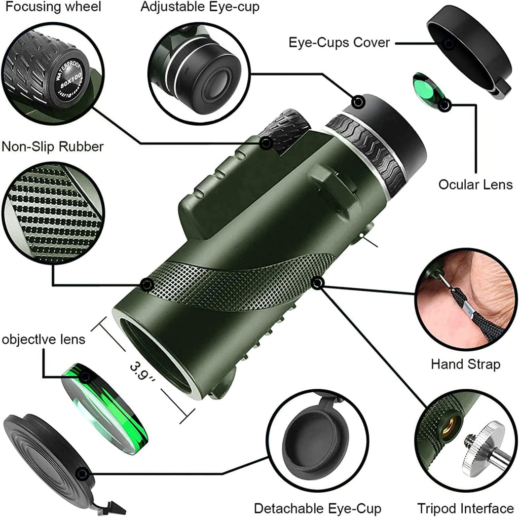 Monocular Telescope 80x100 High Powered Monoculars High Definition for Adults High Powered with Smartphone Adapter Telescope Wildlife Bird Watching Travel Camping Hiking Green