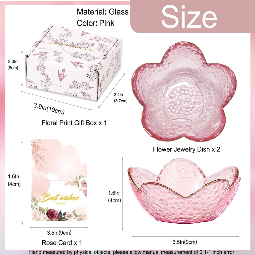 Gifts for Women Trinket Dish Flower Jewelry Dish Pink Glass Ring Holder Jewellery Tray Cute Room Decor Aesthetic Bedroom Accessories Unique Birthday New Home Mothers Day Gifts for Women Friends(2 pcs)