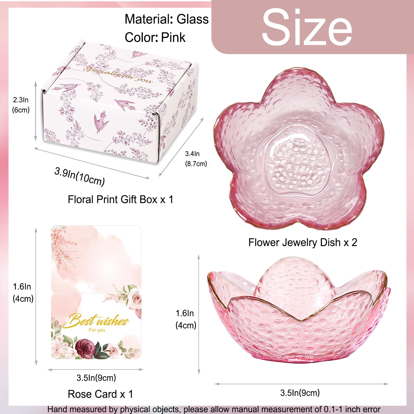 Gifts for Women Trinket Dish Flower Jewelry Dish Pink Glass Ring Holder Jewellery Tray Cute Room Decor Aesthetic Bedroom Accessories Unique Birthday New Home Mothers Day Gifts for Women Friends(2 pcs)