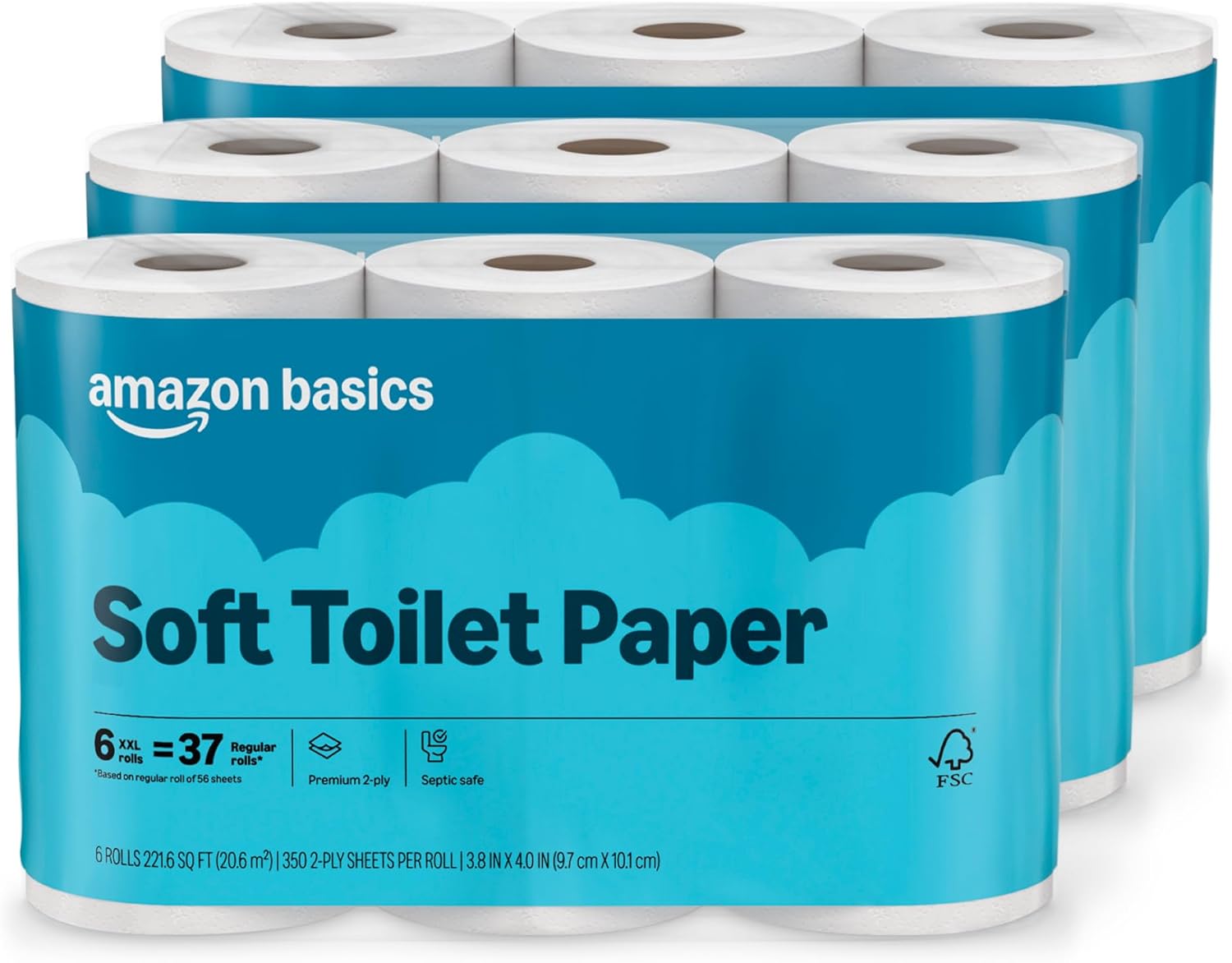 Amazon Basics 2-Ply Soft Toilet Paper, 6 Rolls, 350 Sheets per Roll, Equivalent to 37 Regular Rolls, Septic Safe