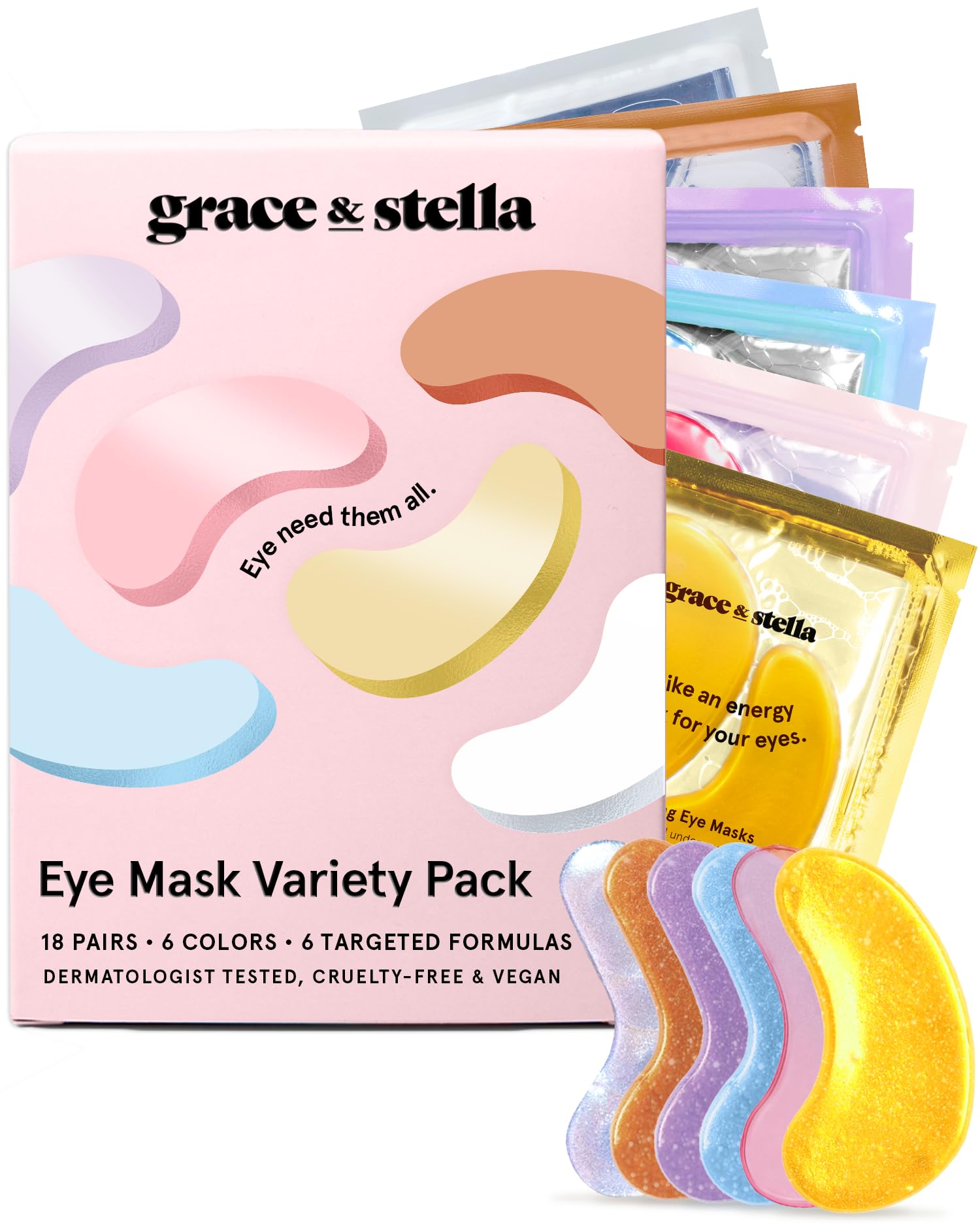 grace & stella Under Eye Mask Variety Pack - 18 Pairs of Under Eye Patches for Dark Circles - With 6 Colors (3 Pairs/Color) - Mothers Day Gifts for Mom - Gel Masks Puffy Eyes for Women, Vegan