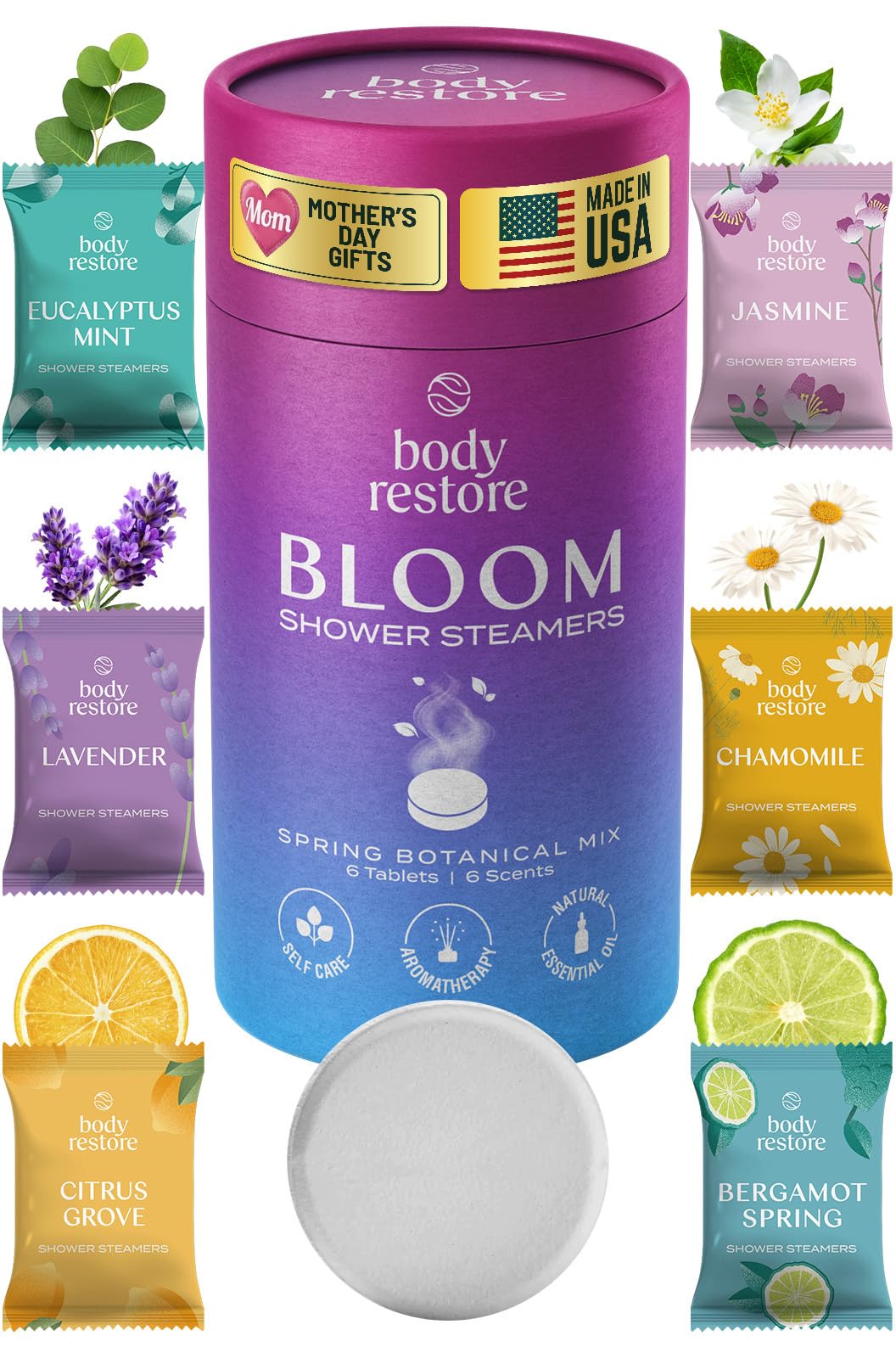 Body Restore Shower Steamers Aromatherapy 6 Pack – Mothers Day Gifts for Mom, Birthday Gifts for Women, Relaxation Stress Relief Self Care – Citrus Essential Oil Tablets