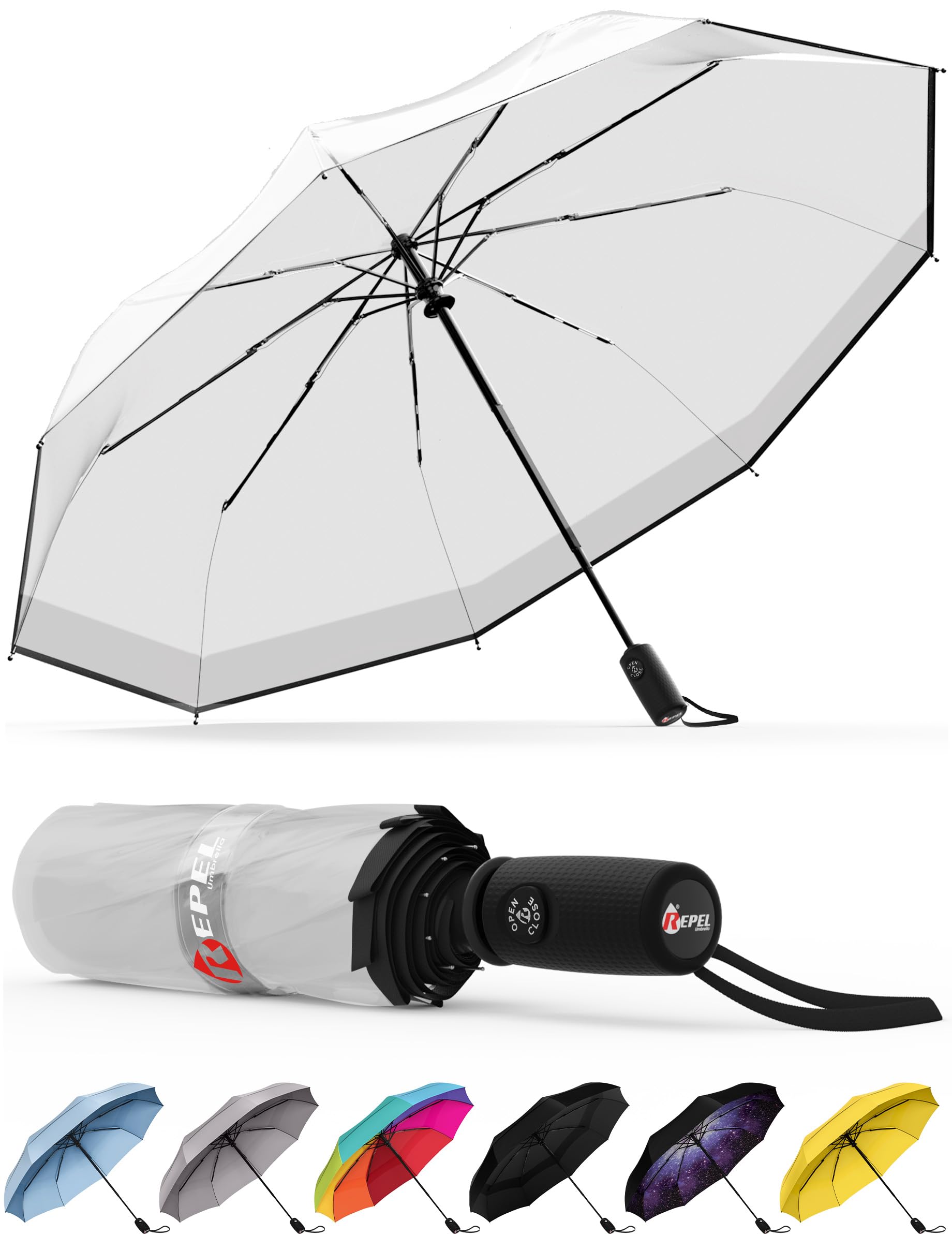 REPEL Windproof Travel Umbrella - Compact & Withstands Winds up to 85MPH , Strongest Premium Auto Folding Umbrella for Rain and Sun - Durable, Light & Portable for Women & Men , Fits Backpack & Cars