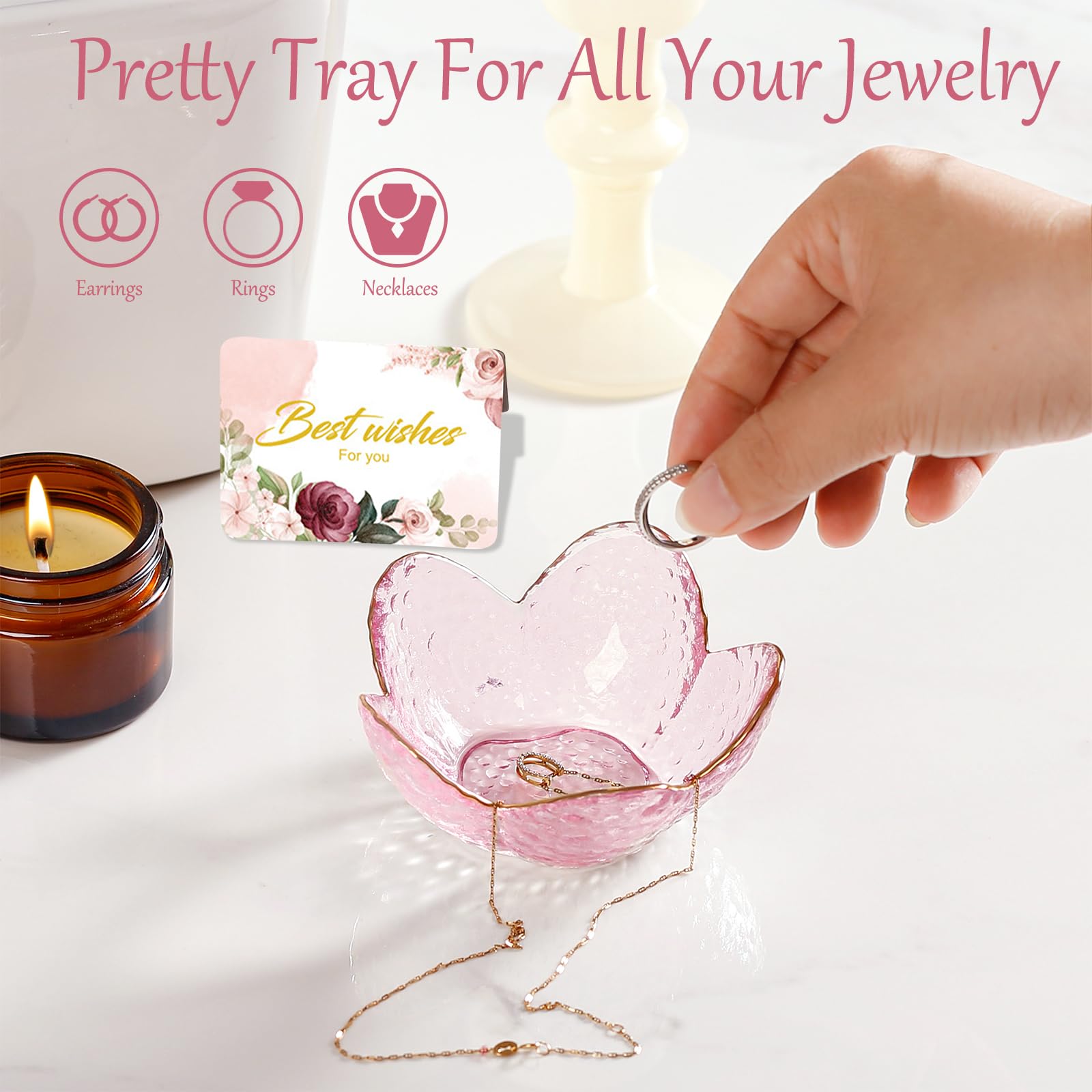 Gifts for Women Trinket Dish Flower Jewelry Dish Pink Glass Ring Holder Jewellery Tray Cute Room Decor Aesthetic Bedroom Accessories Unique Birthday New Home Mothers Day Gifts for Women Friends(2 pcs)