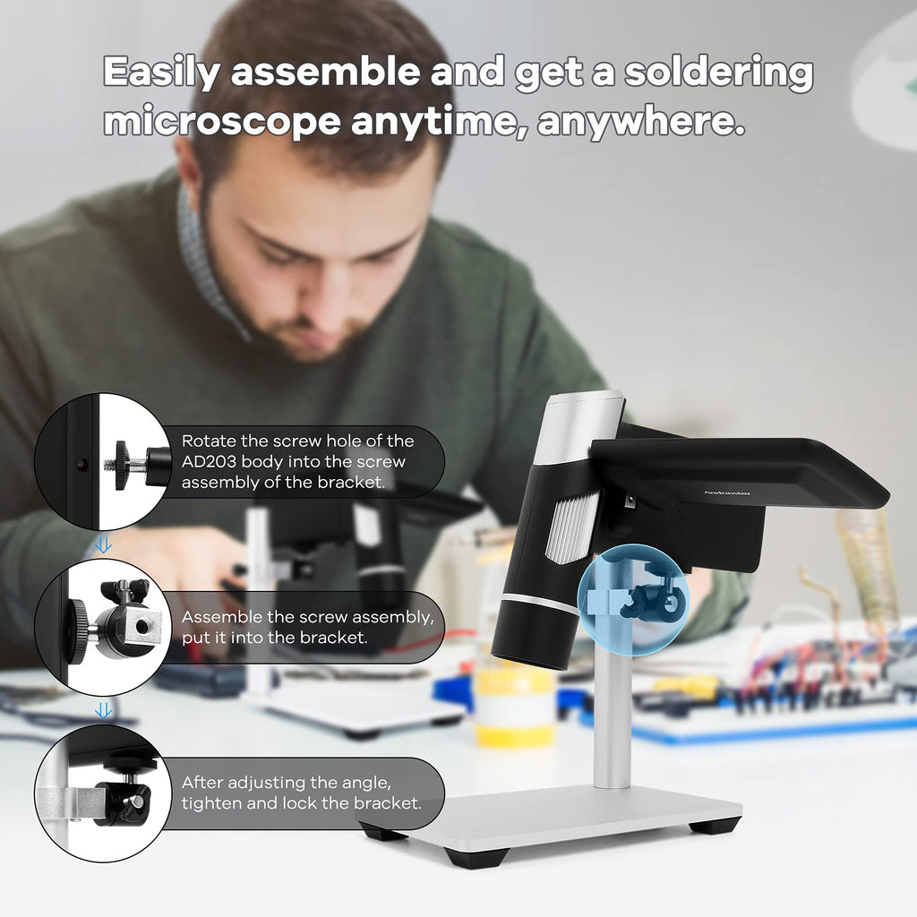 Andonstar AD203 Handheld Digital Microscope, Portable Pocket USB Coin Microscope with 4 inch Screen for Kids and Adults, Black, Electronic FHD Video, Windows Mac PC
