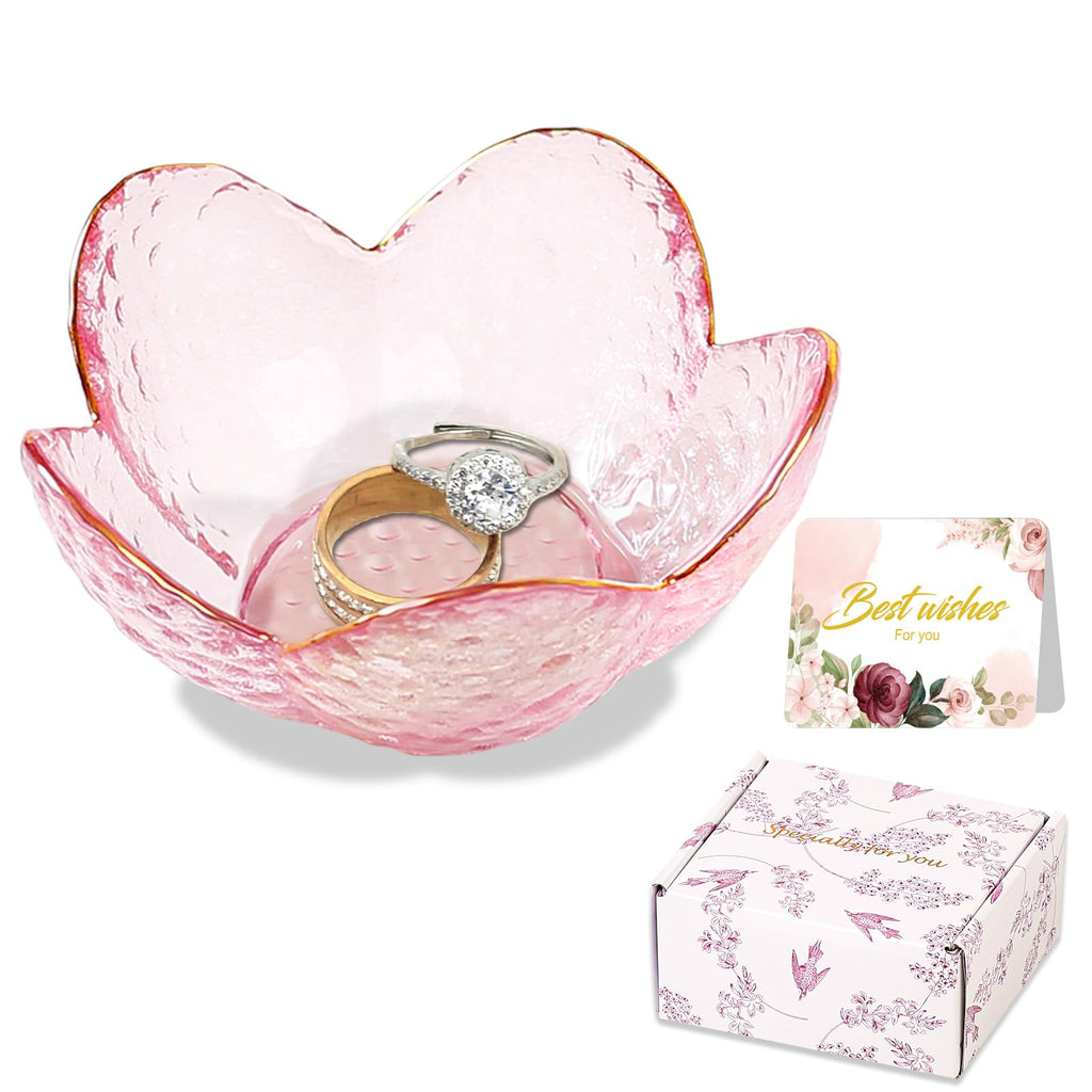 Gifts for Women Trinket Dish Flower Jewelry Dish Pink Glass Ring Holder Jewellery Tray Cute Room Decor Aesthetic Bedroom Accessories Unique Birthday New Home Mothers Day Gifts for Women Friends(2 pcs)