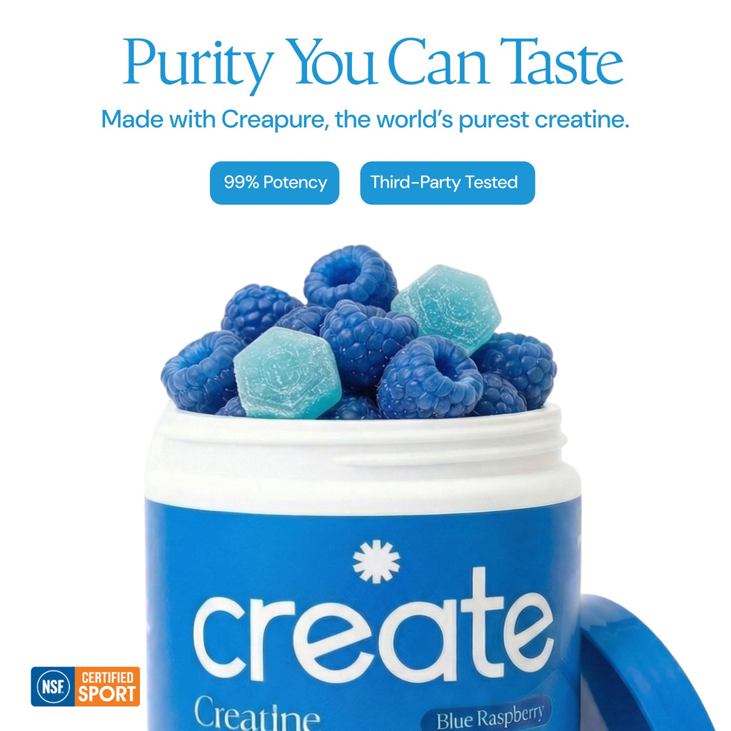 Create Creatine Monohydrate Gummies for Men & Women, Boost Focus, Strength, and Endurance, Anti-Melting Formula, Vegan, Gluten-Free, Non-GMO, 1.5g of Creatine per Gummy (Blue Raspberry)