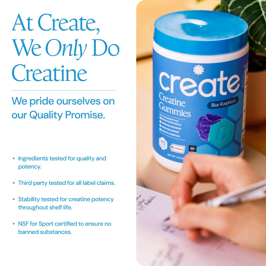 Create Creatine Monohydrate Gummies for Men & Women, Boost Focus, Strength, and Endurance, Anti-Melting Formula, Vegan, Gluten-Free, Non-GMO, 1.5g of Creatine per Gummy (Blue Raspberry)