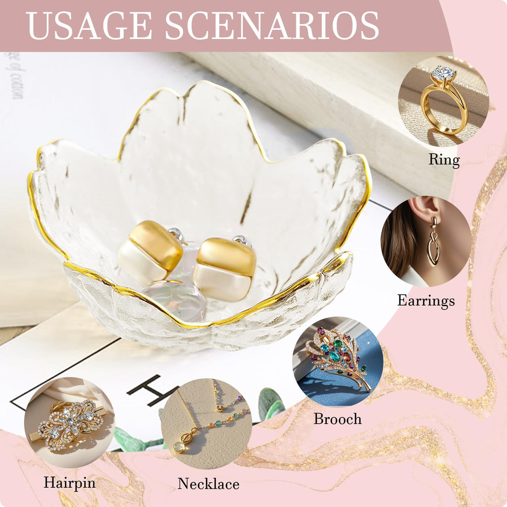 Gifts for Women Trinket Dish Flower Jewelry Dish Pink Glass Ring Holder Jewellery Tray Cute Room Decor Aesthetic Bedroom Accessories Unique Birthday New Home Mothers Day Gifts for Women Friends(2 pcs)