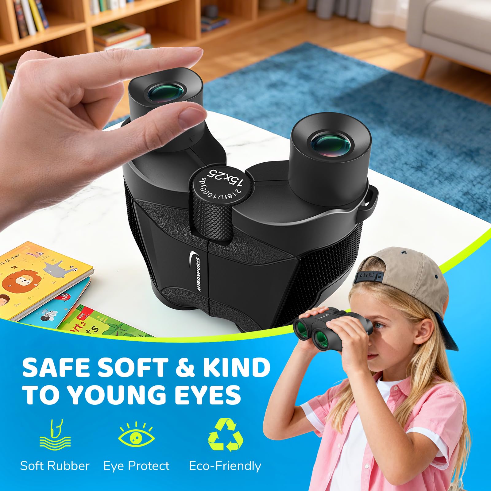 Aurosports 15x25 Compact Binoculars for Kids - Small Binoculars Lightweight with Carrying Case Birding Guide for Bird Watching Hiking Camping Travel Gift for 8-12 Years Boys Girls (Black)
