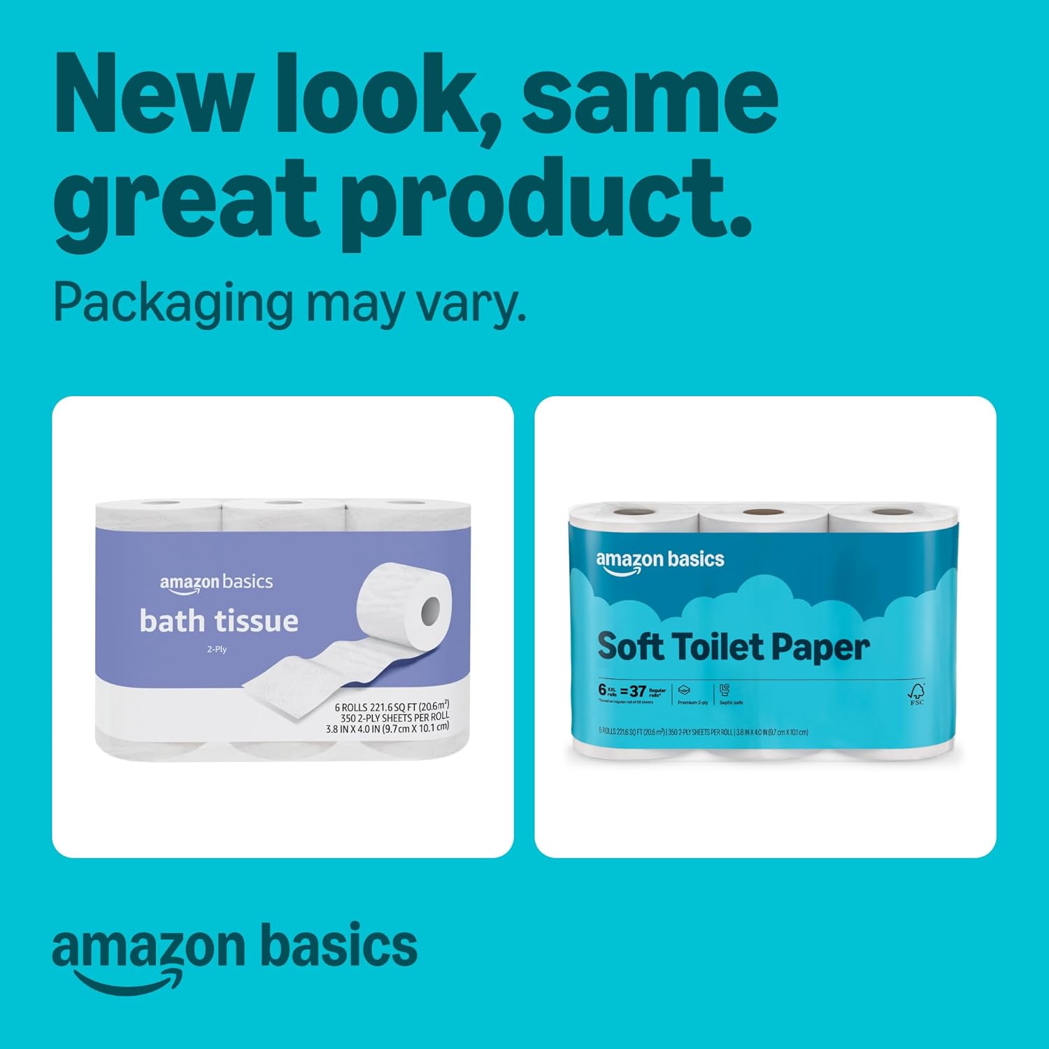 Amazon Basics 2-Ply Soft Toilet Paper, 6 Rolls, 350 Sheets per Roll, Equivalent to 37 Regular Rolls, Septic Safe