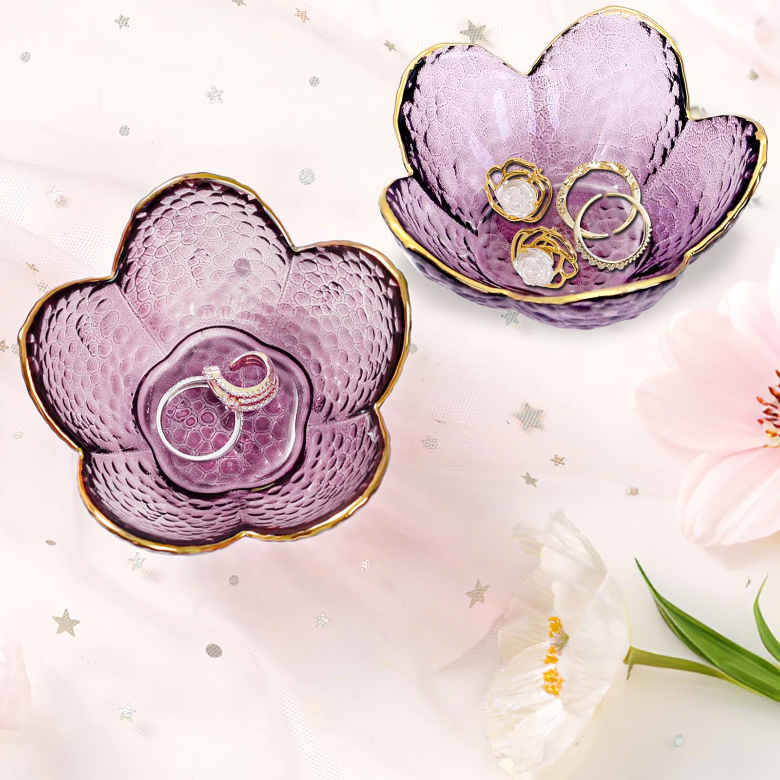 Gifts for Women Trinket Dish Flower Jewelry Dish Pink Glass Ring Holder Jewellery Tray Cute Room Decor Aesthetic Bedroom Accessories Unique Birthday New Home Mothers Day Gifts for Women Friends(2 pcs)