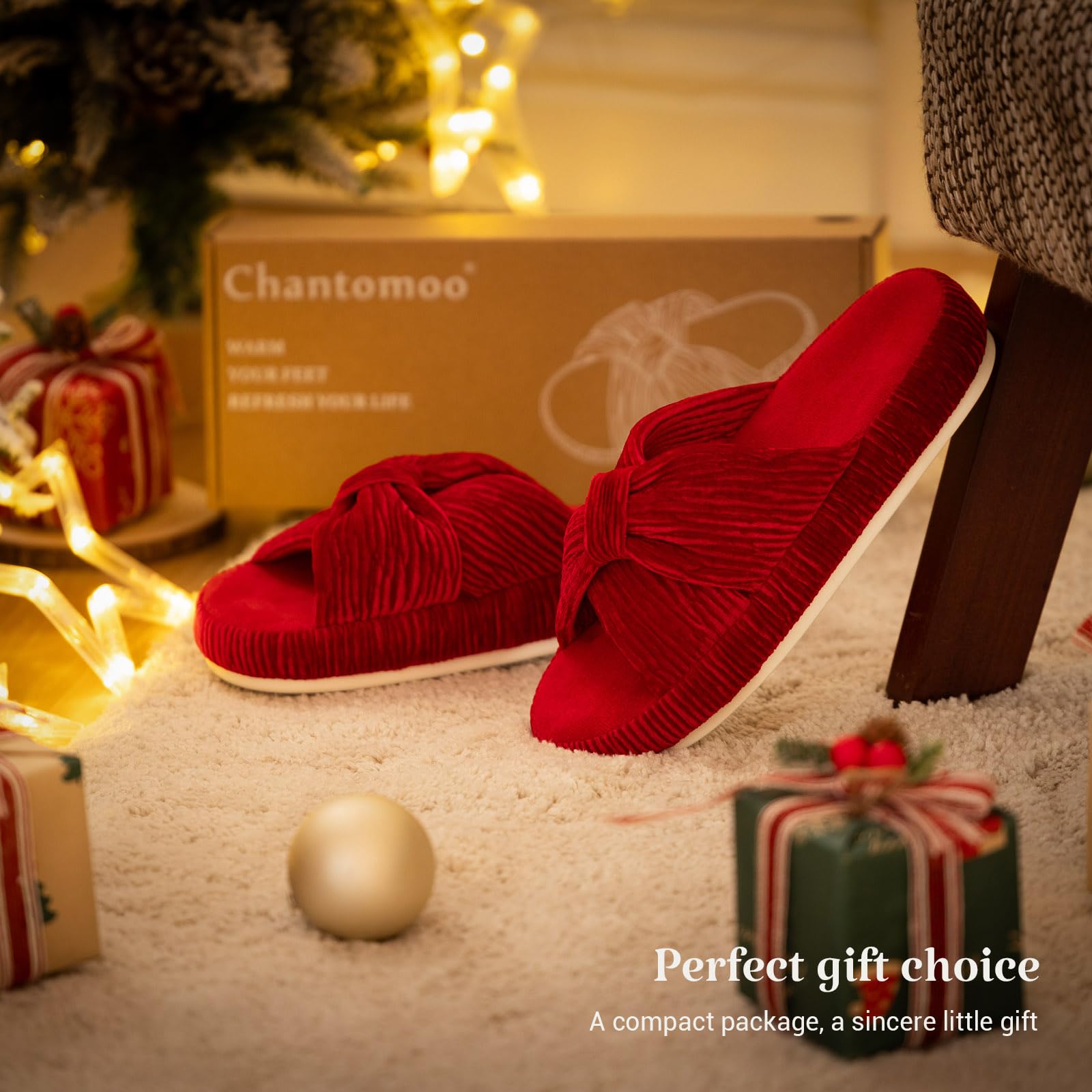 Chantomoo Slippers for Women Memory Foam House Bedroom Corduroy Bow Crossbands Slipper Shoes Comfy Trendy Gift Slippers