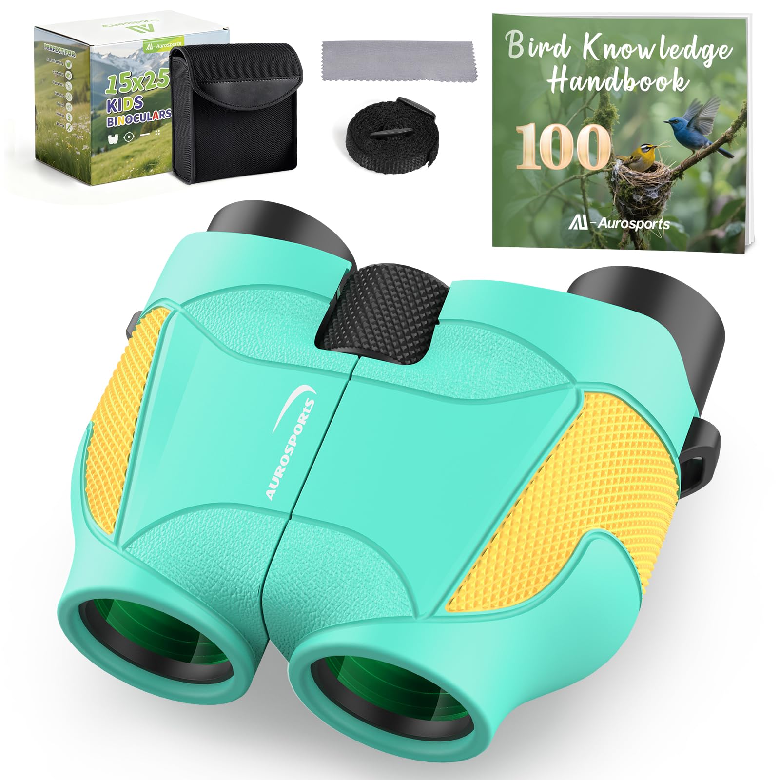 Aurosports 15x25 Compact Binoculars for Kids - Small Binoculars Lightweight with Carrying Case Birding Guide for Bird Watching Hiking Camping Travel Gift for 8-12 Years Boys Girls (Black)