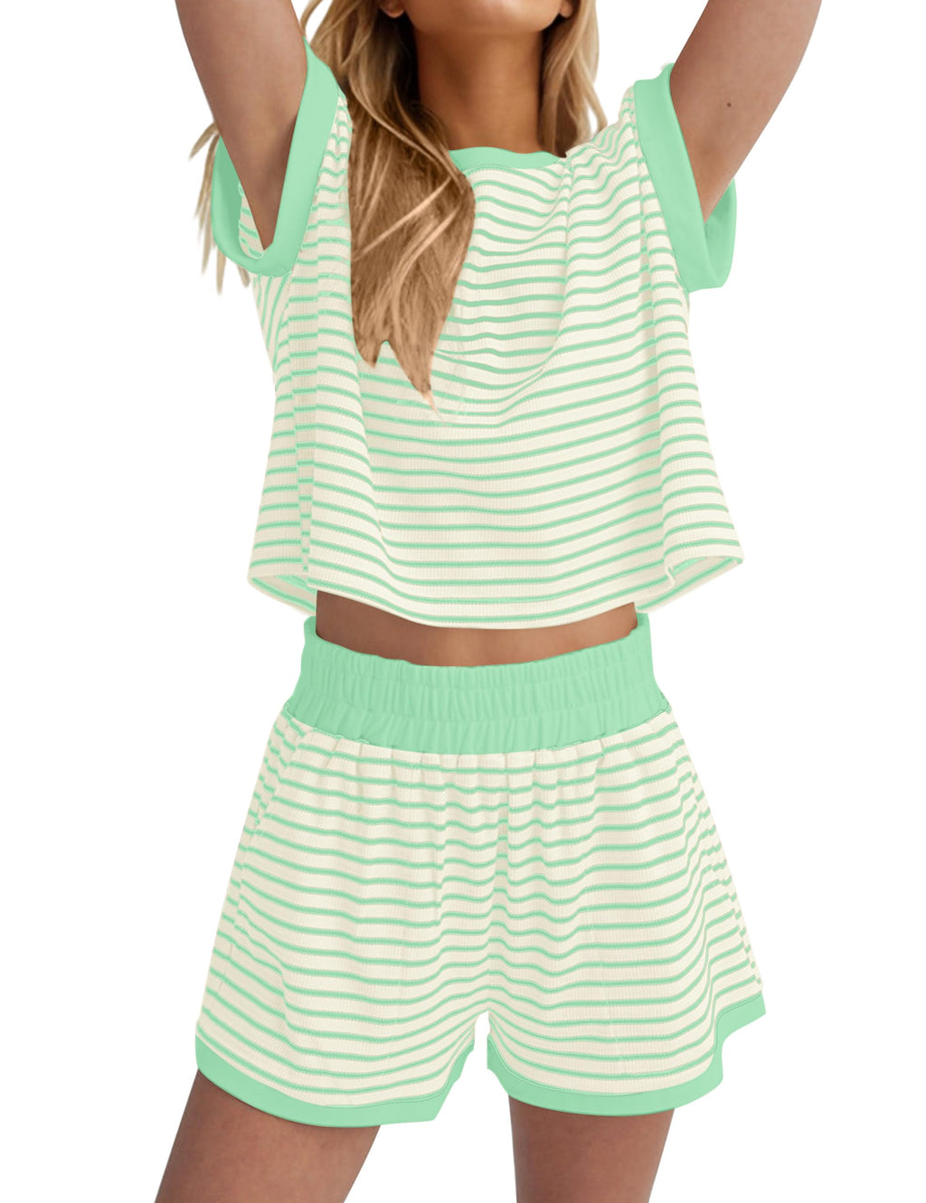 MISSACTIVER 2 Piece Lounge Set Women Stripe Knit Short Sleeve Tee Shirts Shorts Casual Summer Loungewear Shorts Sets