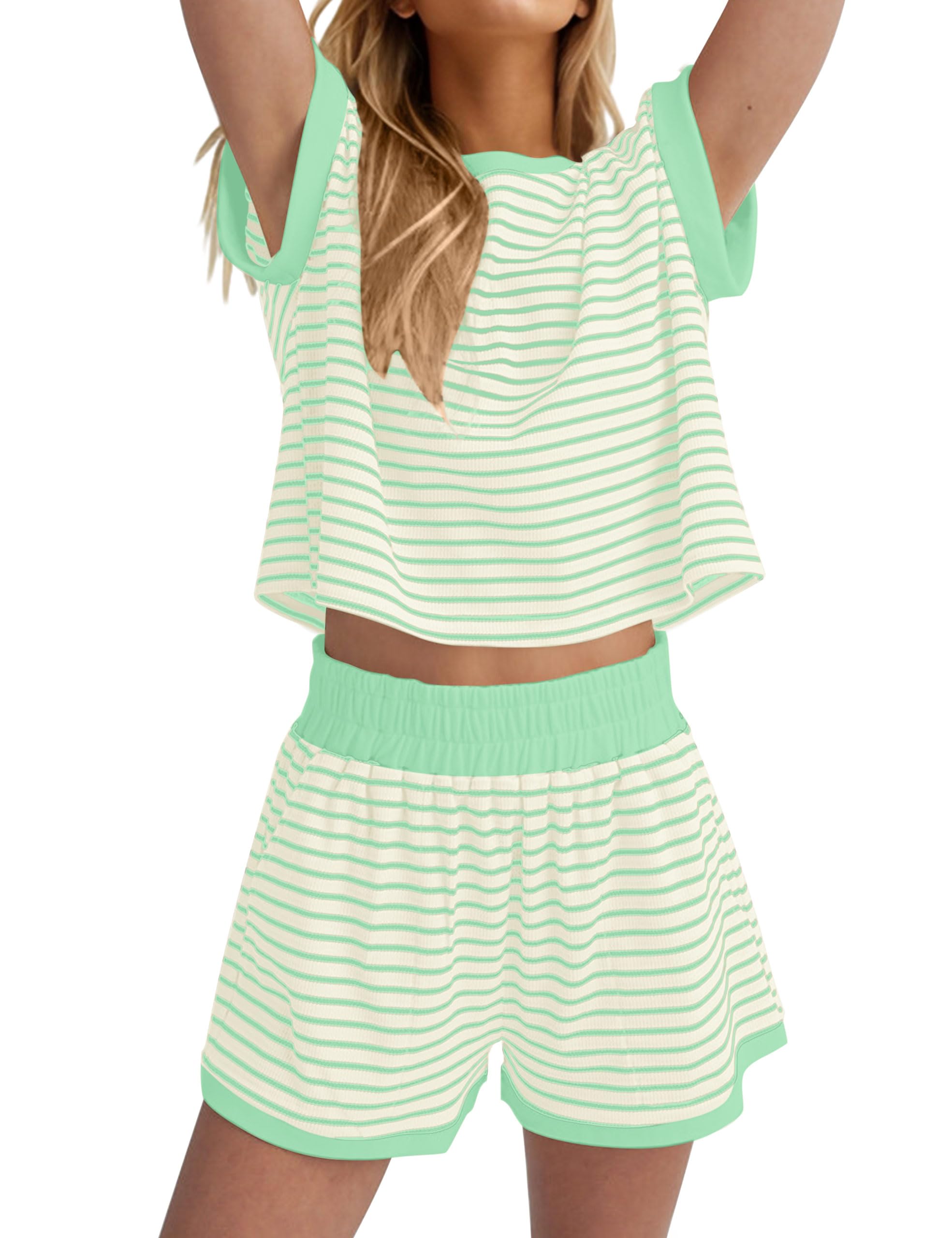 MISSACTIVER 2 Piece Lounge Set Women Stripe Knit Short Sleeve Tee Shirts Shorts Casual Summer Loungewear Shorts Sets