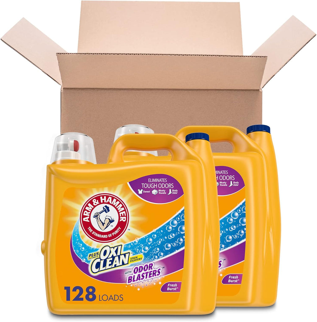 ARM & HAMMER Plus OxiClean with Odor Blasters Liquid Laundry Detergent, Laundry Odor Remover, Attacks Stains, Fresh Botanical Scent, 74 Loads, 96.2 Fl Oz
