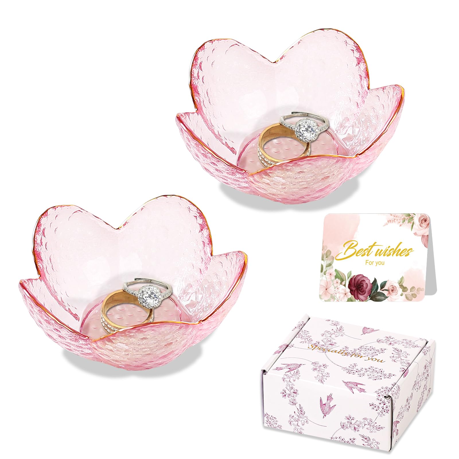 Gifts for Women Trinket Dish Flower Jewelry Dish Pink Glass Ring Holder Jewellery Tray Cute Room Decor Aesthetic Bedroom Accessories Unique Birthday New Home Mothers Day Gifts for Women Friends(2 pcs)