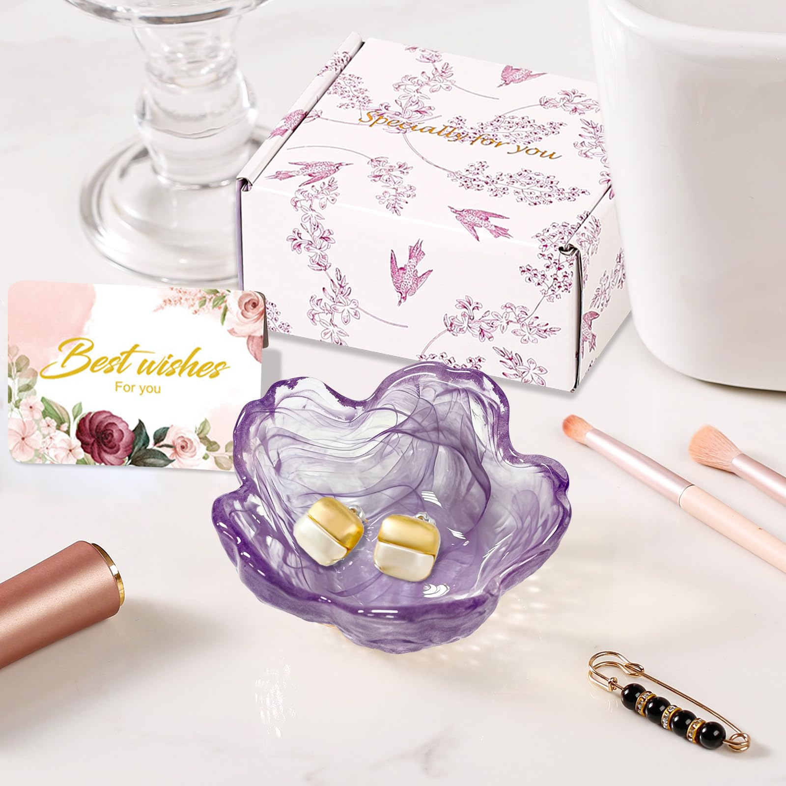Gifts for Women Trinket Dish Flower Jewelry Dish Pink Glass Ring Holder Jewellery Tray Cute Room Decor Aesthetic Bedroom Accessories Unique Birthday New Home Mothers Day Gifts for Women Friends(2 pcs)