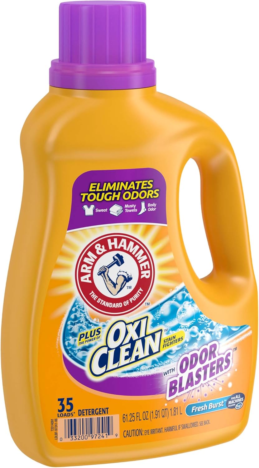 ARM & HAMMER Plus OxiClean with Odor Blasters Liquid Laundry Detergent, Laundry Odor Remover, Attacks Stains, Fresh Botanical Scent, 74 Loads, 96.2 Fl Oz
