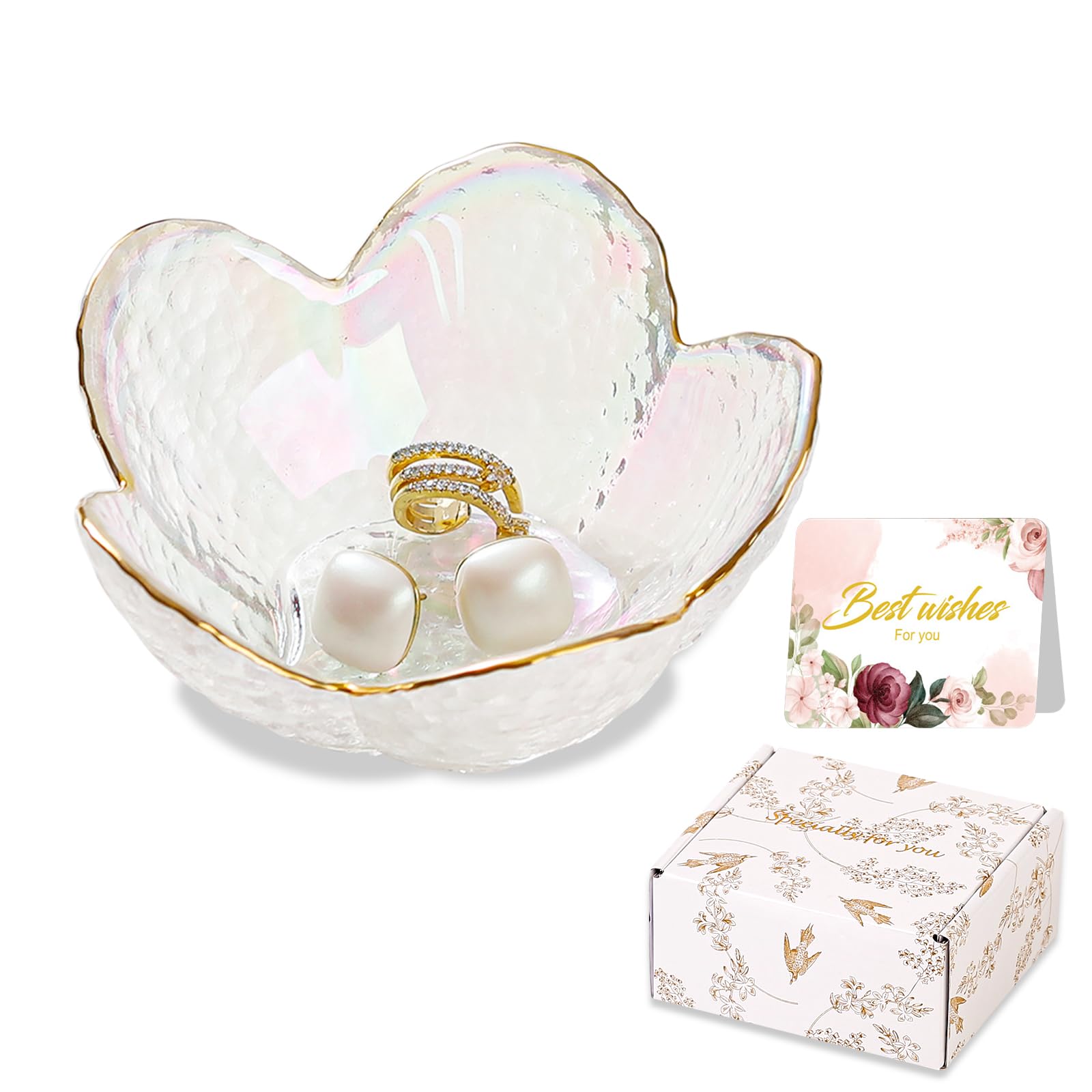 Gifts for Women Trinket Dish Flower Jewelry Dish Pink Glass Ring Holder Jewellery Tray Cute Room Decor Aesthetic Bedroom Accessories Unique Birthday New Home Mothers Day Gifts for Women Friends(2 pcs)