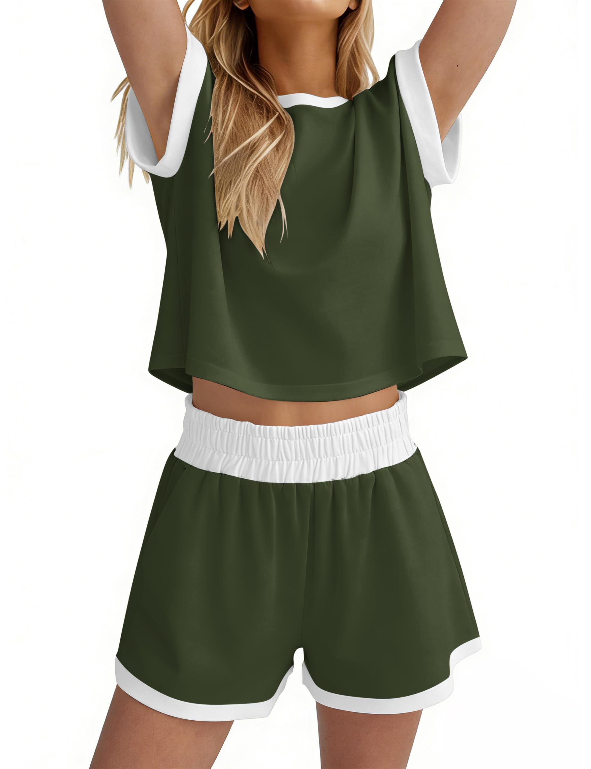 MISSACTIVER 2 Piece Lounge Set Women Stripe Knit Short Sleeve Tee Shirts Shorts Casual Summer Loungewear Shorts Sets