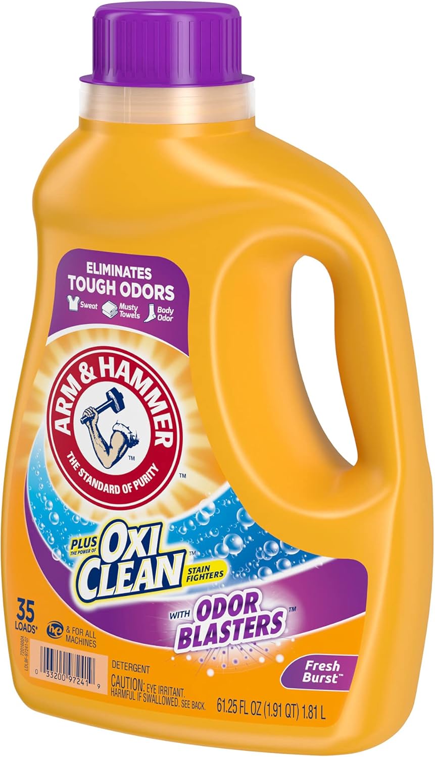 ARM & HAMMER Plus OxiClean with Odor Blasters Liquid Laundry Detergent, Laundry Odor Remover, Attacks Stains, Fresh Botanical Scent, 74 Loads, 96.2 Fl Oz