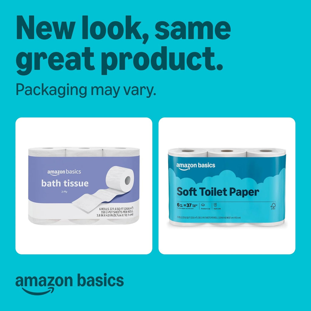 Amazon Basics 2-Ply Soft Toilet Paper, 6 Rolls, 350 Sheets per Roll, Equivalent to 37 Regular Rolls, Septic Safe