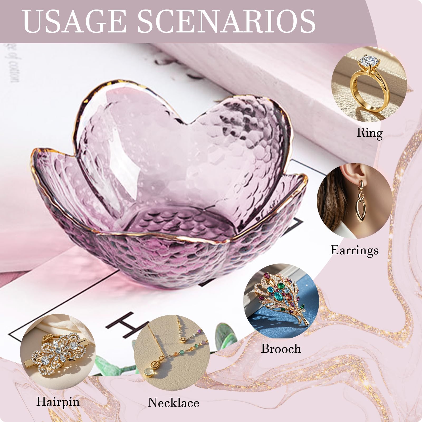 Gifts for Women Trinket Dish Flower Jewelry Dish Pink Glass Ring Holder Jewellery Tray Cute Room Decor Aesthetic Bedroom Accessories Unique Birthday New Home Mothers Day Gifts for Women Friends(2 pcs)