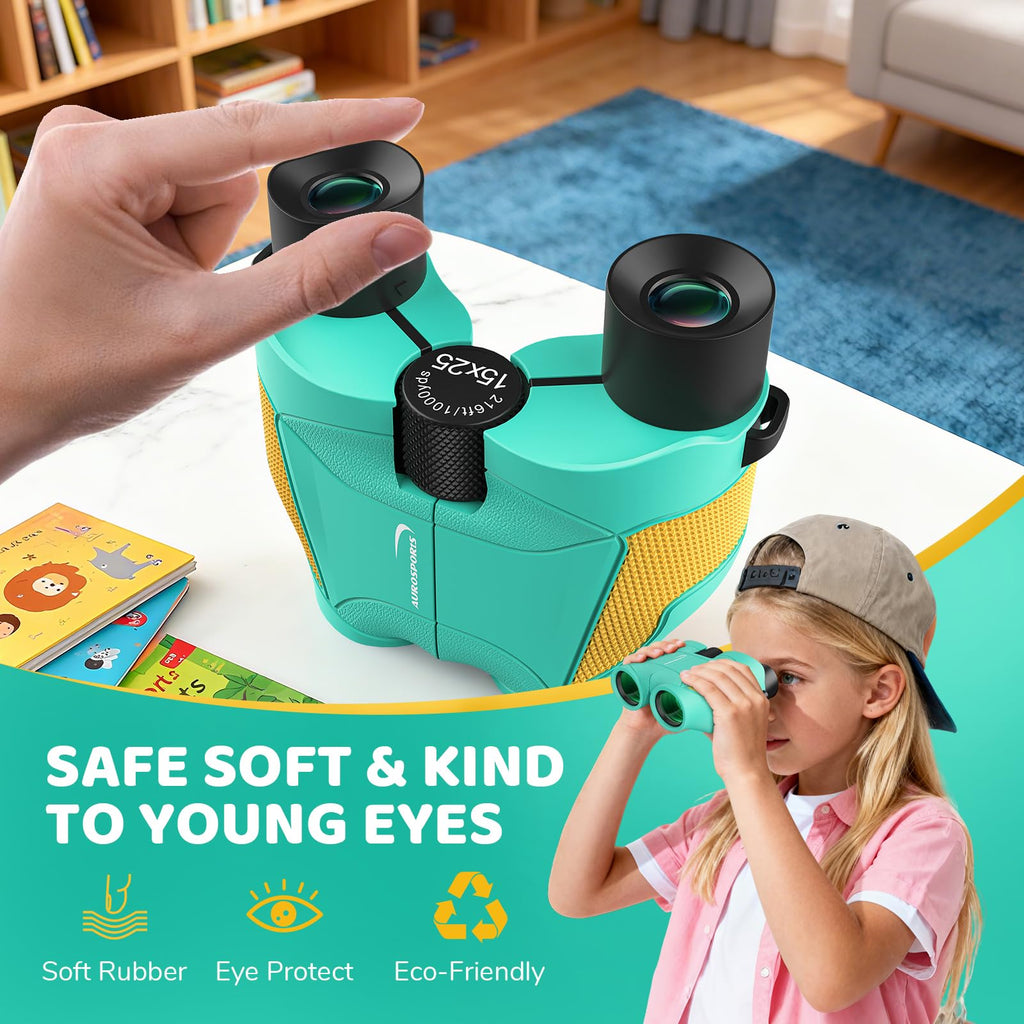 Aurosports 15x25 Compact Binoculars for Kids - Small Binoculars Lightweight with Carrying Case Birding Guide for Bird Watching Hiking Camping Travel Gift for 8-12 Years Boys Girls (Black)