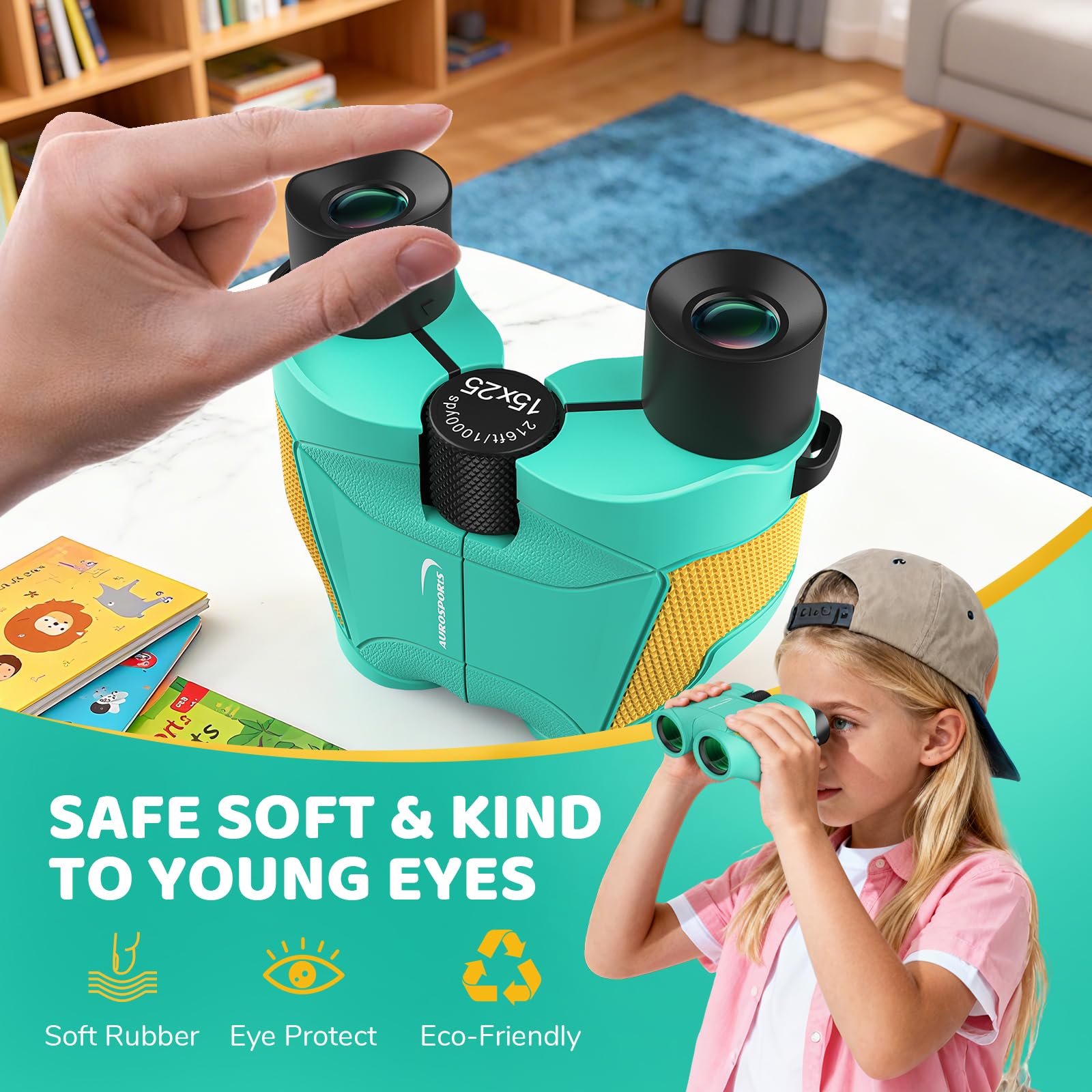 Aurosports 15x25 Compact Binoculars for Kids - Small Binoculars Lightweight with Carrying Case Birding Guide for Bird Watching Hiking Camping Travel Gift for 8-12 Years Boys Girls (Black)