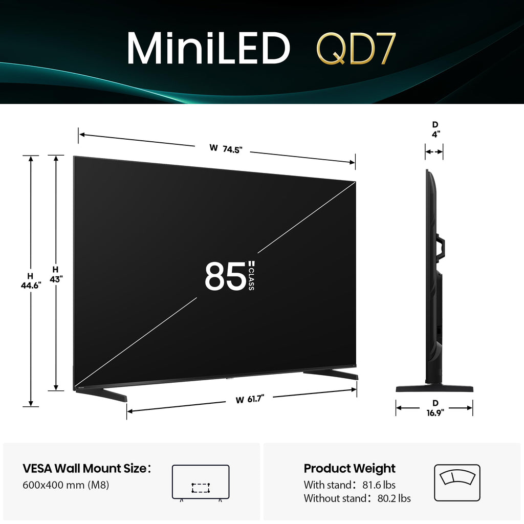 Hisense 85" Class QD7 Series Mini-LED 4K UHD Smart Fire TV (85QD7QF, 2025 Model) - QLED, Native 144hz, HDR10+, Dolby Vision, Dolby Atmos, Game Mode Pro, ALLM, Alexa Built in with Voice Remote, MEMC