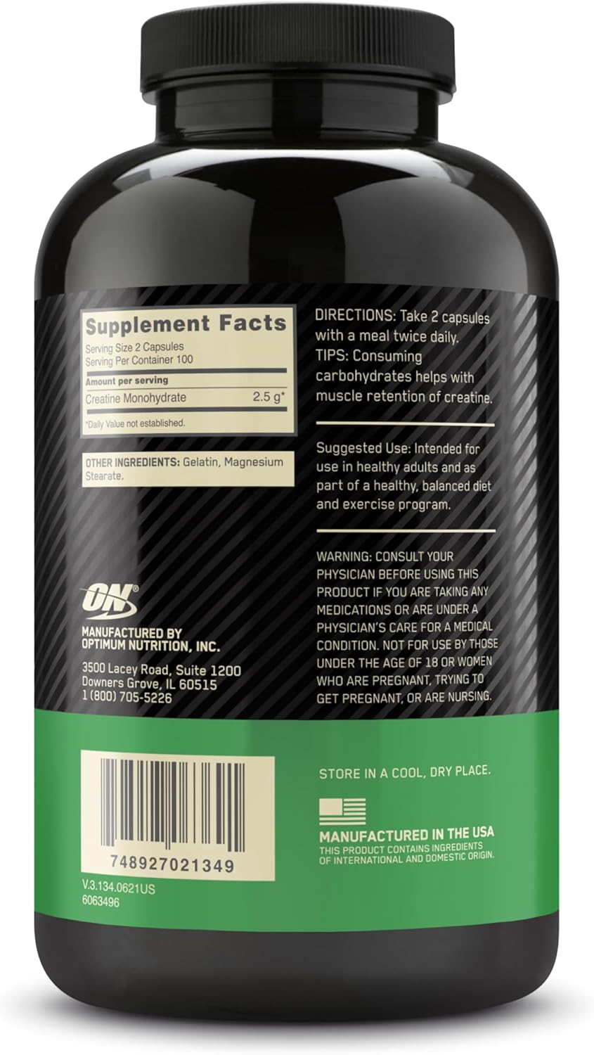 Optimum Nutrition Micronized Creatine Monohydrate Capsules, Keto Friendly, 2500mg, 100 Capsules