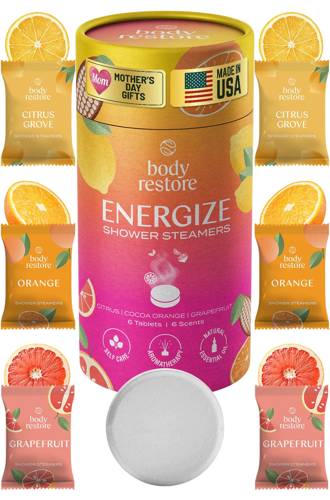 Body Restore Shower Steamers Aromatherapy 6 Pack – Mothers Day Gifts for Mom, Birthday Gifts for Women, Relaxation Stress Relief Self Care – Citrus Essential Oil Tablets