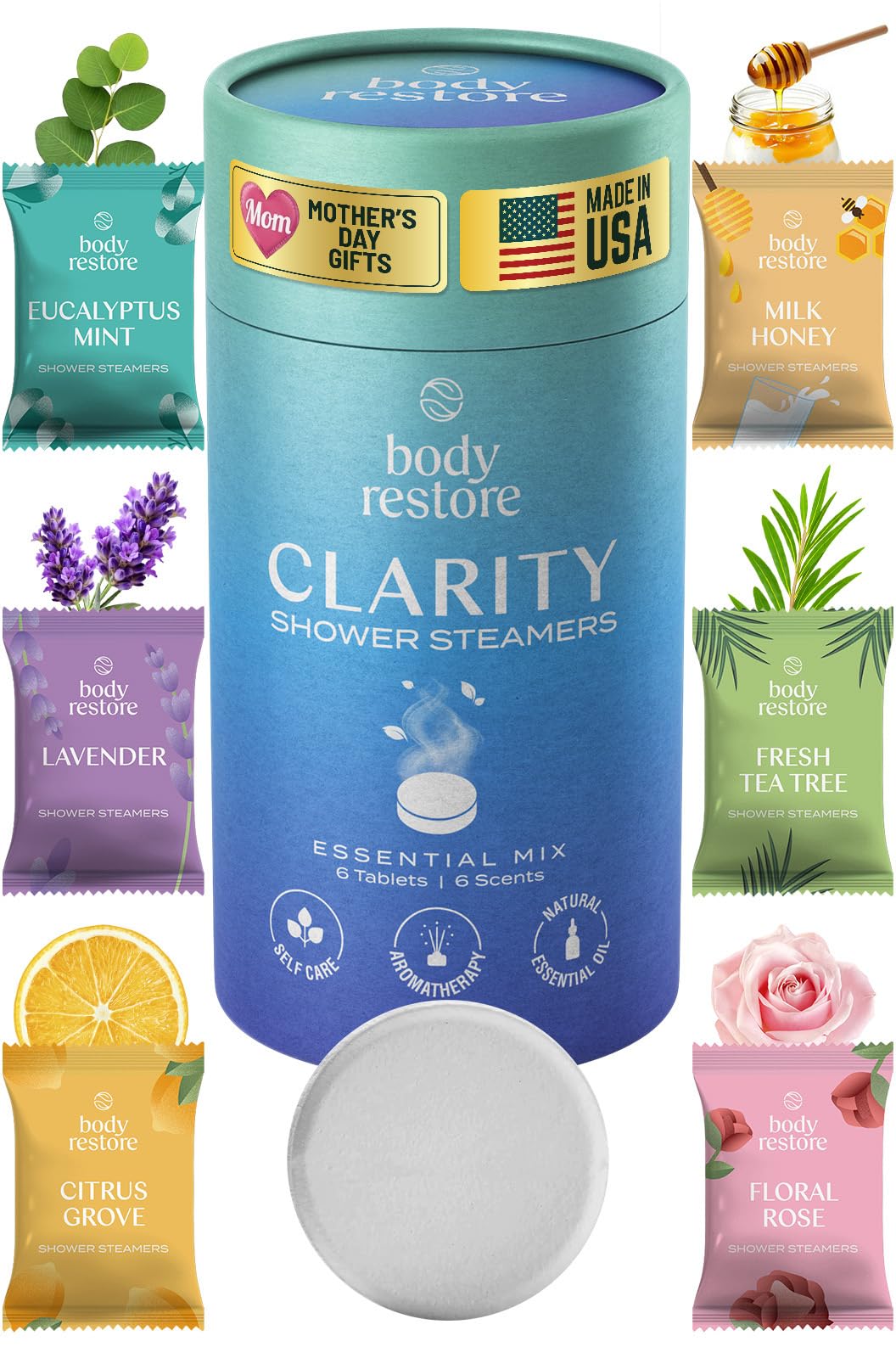 Body Restore Shower Steamers Aromatherapy 6 Pack – Mothers Day Gifts for Mom, Birthday Gifts for Women, Relaxation Stress Relief Self Care – Citrus Essential Oil Tablets