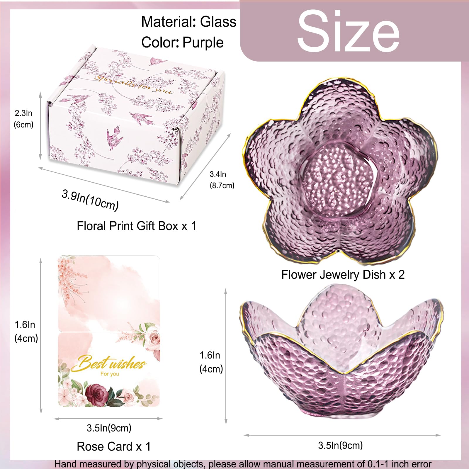 Gifts for Women Trinket Dish Flower Jewelry Dish Pink Glass Ring Holder Jewellery Tray Cute Room Decor Aesthetic Bedroom Accessories Unique Birthday New Home Mothers Day Gifts for Women Friends(2 pcs)