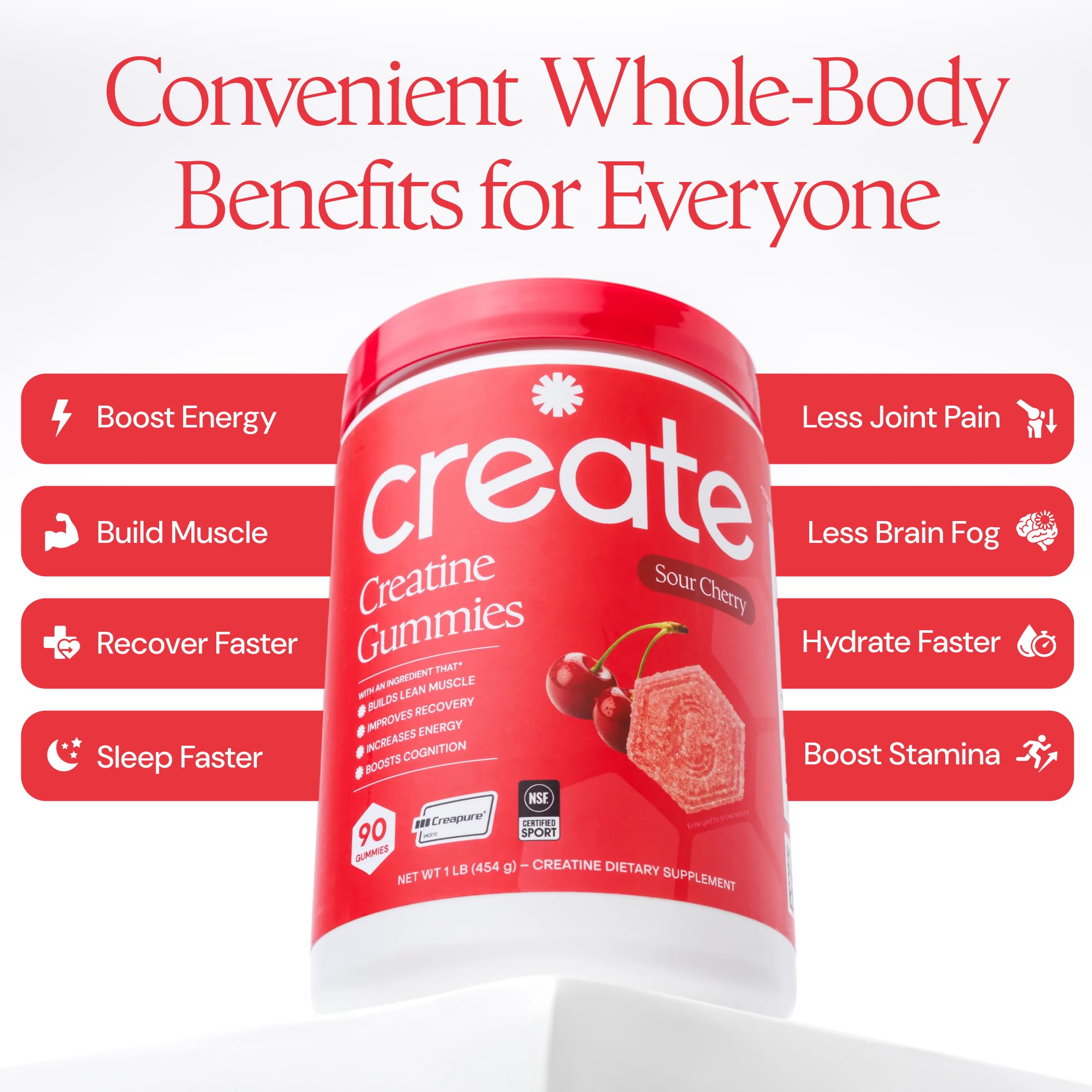 Create Creatine Monohydrate Gummies for Men & Women, Boost Focus, Strength, and Endurance, Anti-Melting Formula, Vegan, Gluten-Free, Non-GMO, 1.5g of Creatine per Gummy (Blue Raspberry)