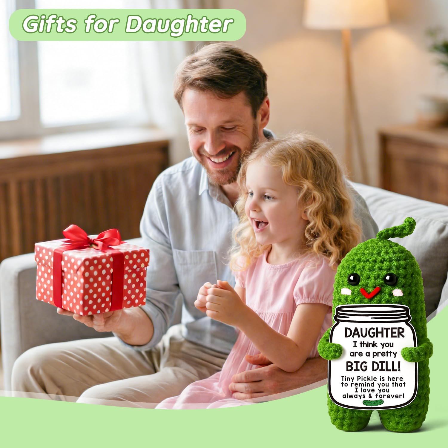 MAMAGIFTREE Fathers Day Dad Birthday Gifts from Daughter or Son,Handmade Crochet Pickle -I Love Best Daddy Ever Gift Thank You Daddy Funny Emotional Care Desk Decor