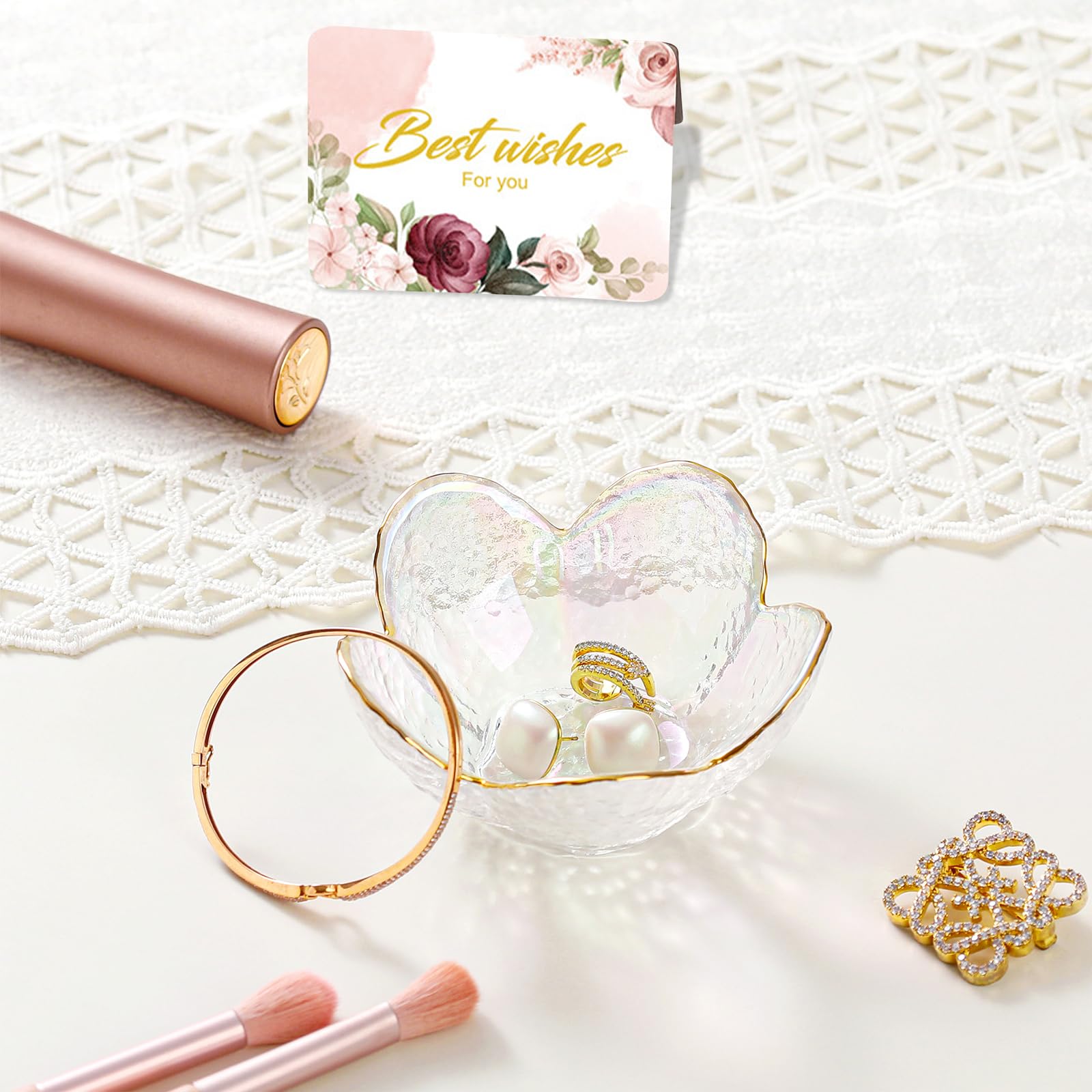 Gifts for Women Trinket Dish Flower Jewelry Dish Pink Glass Ring Holder Jewellery Tray Cute Room Decor Aesthetic Bedroom Accessories Unique Birthday New Home Mothers Day Gifts for Women Friends(2 pcs)