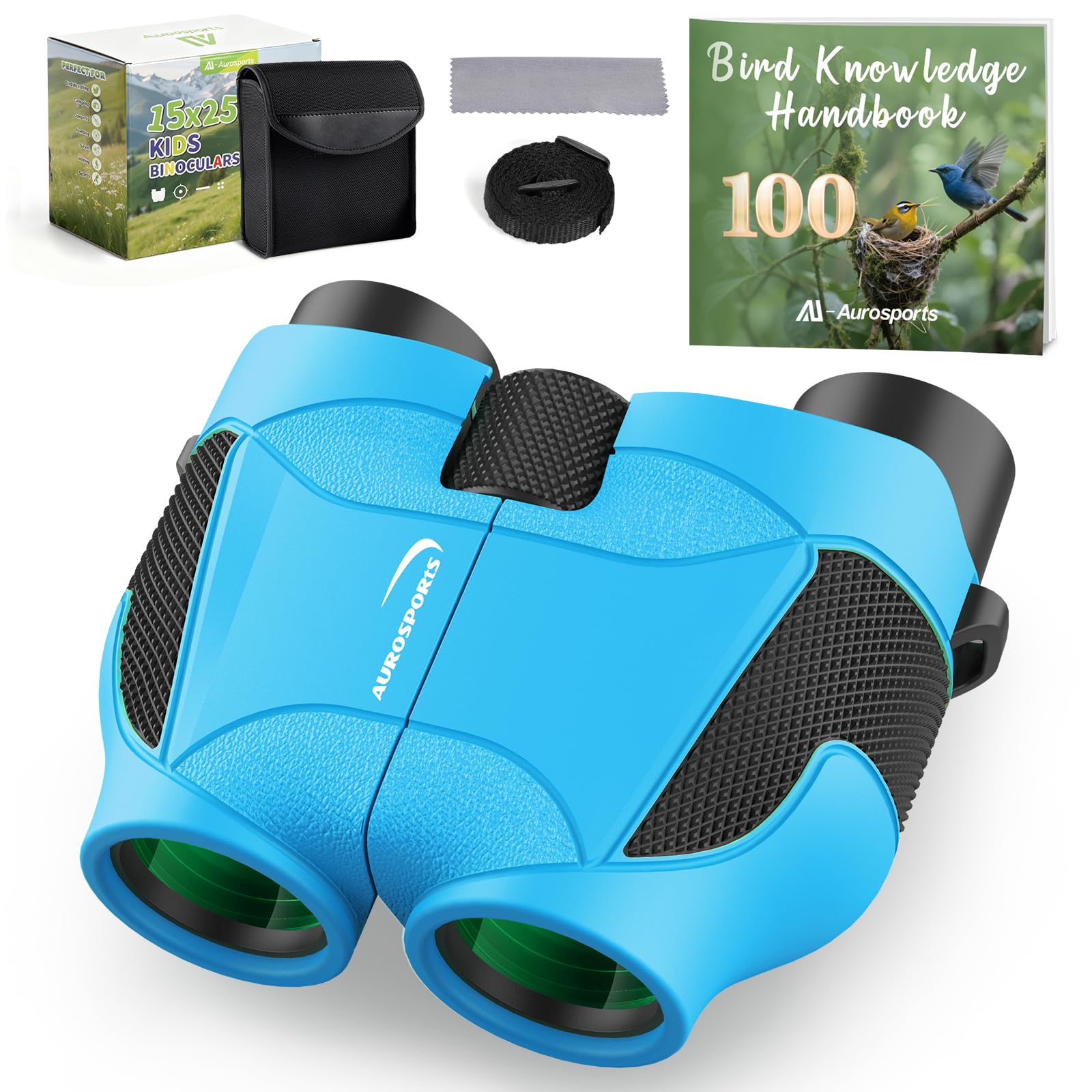 Aurosports 15x25 Compact Binoculars for Kids - Small Binoculars Lightweight with Carrying Case Birding Guide for Bird Watching Hiking Camping Travel Gift for 8-12 Years Boys Girls (Black)