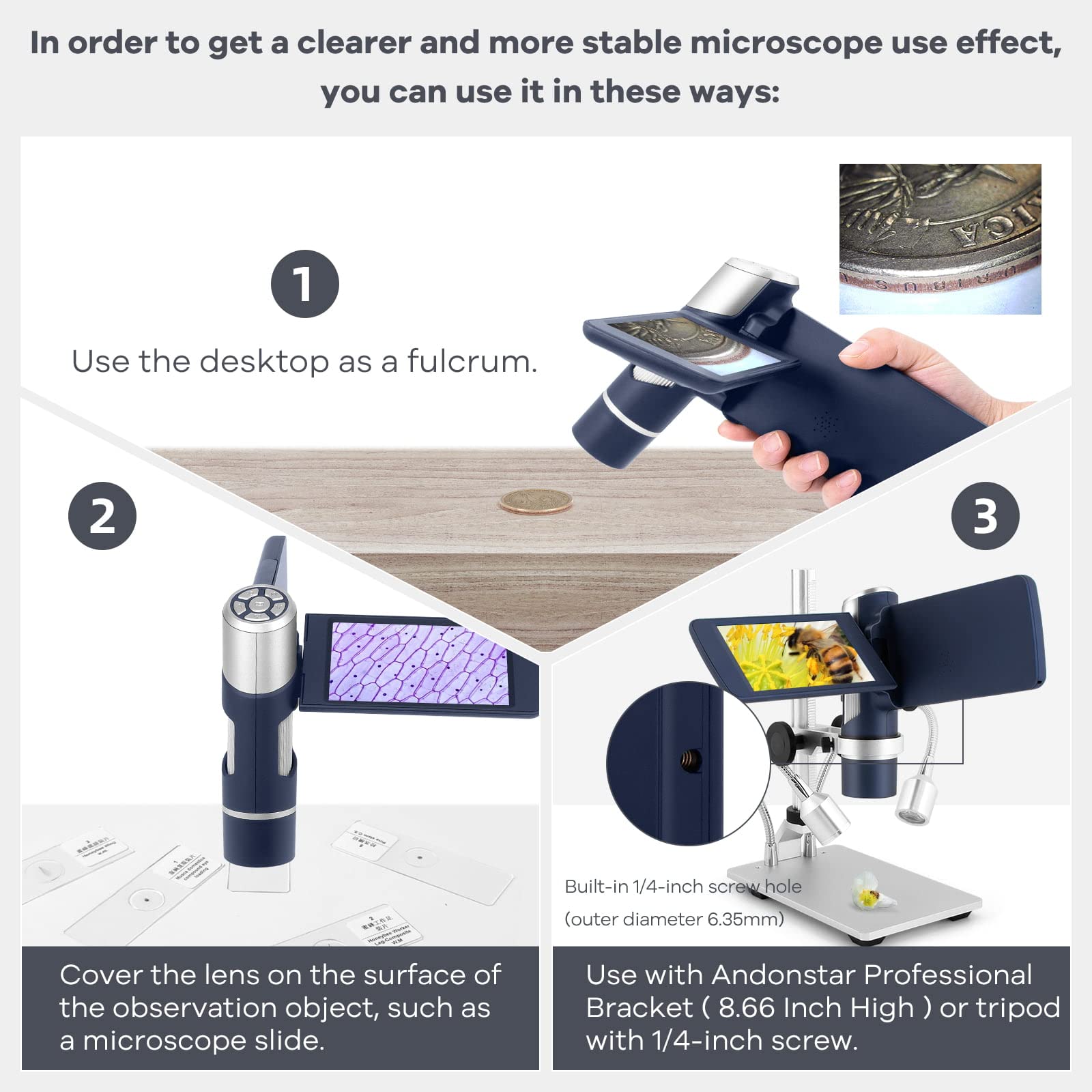 Andonstar AD203 Handheld Digital Microscope, Portable Pocket USB Coin Microscope with 4 inch Screen for Kids and Adults, Black, Electronic FHD Video, Windows Mac PC
