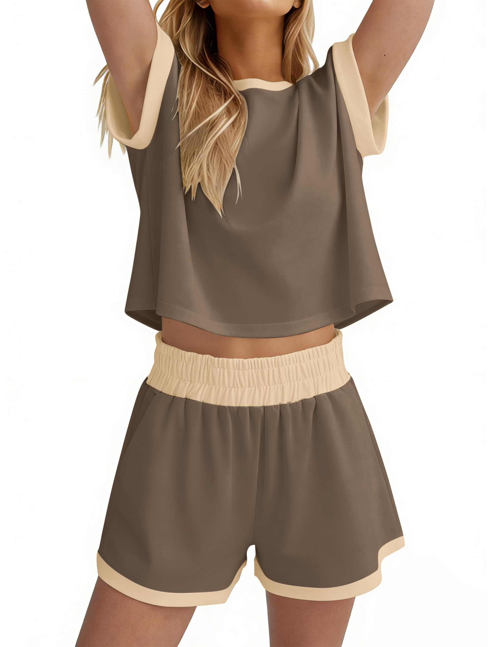 MISSACTIVER 2 Piece Lounge Set Women Stripe Knit Short Sleeve Tee Shirts Shorts Casual Summer Loungewear Shorts Sets