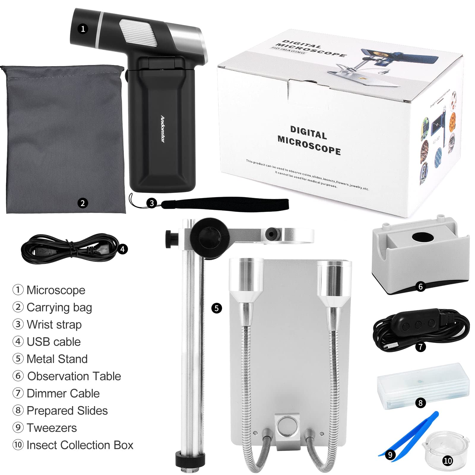 Andonstar AD203 Handheld Digital Microscope, Portable Pocket USB Coin Microscope with 4 inch Screen for Kids and Adults, Black, Electronic FHD Video, Windows Mac PC