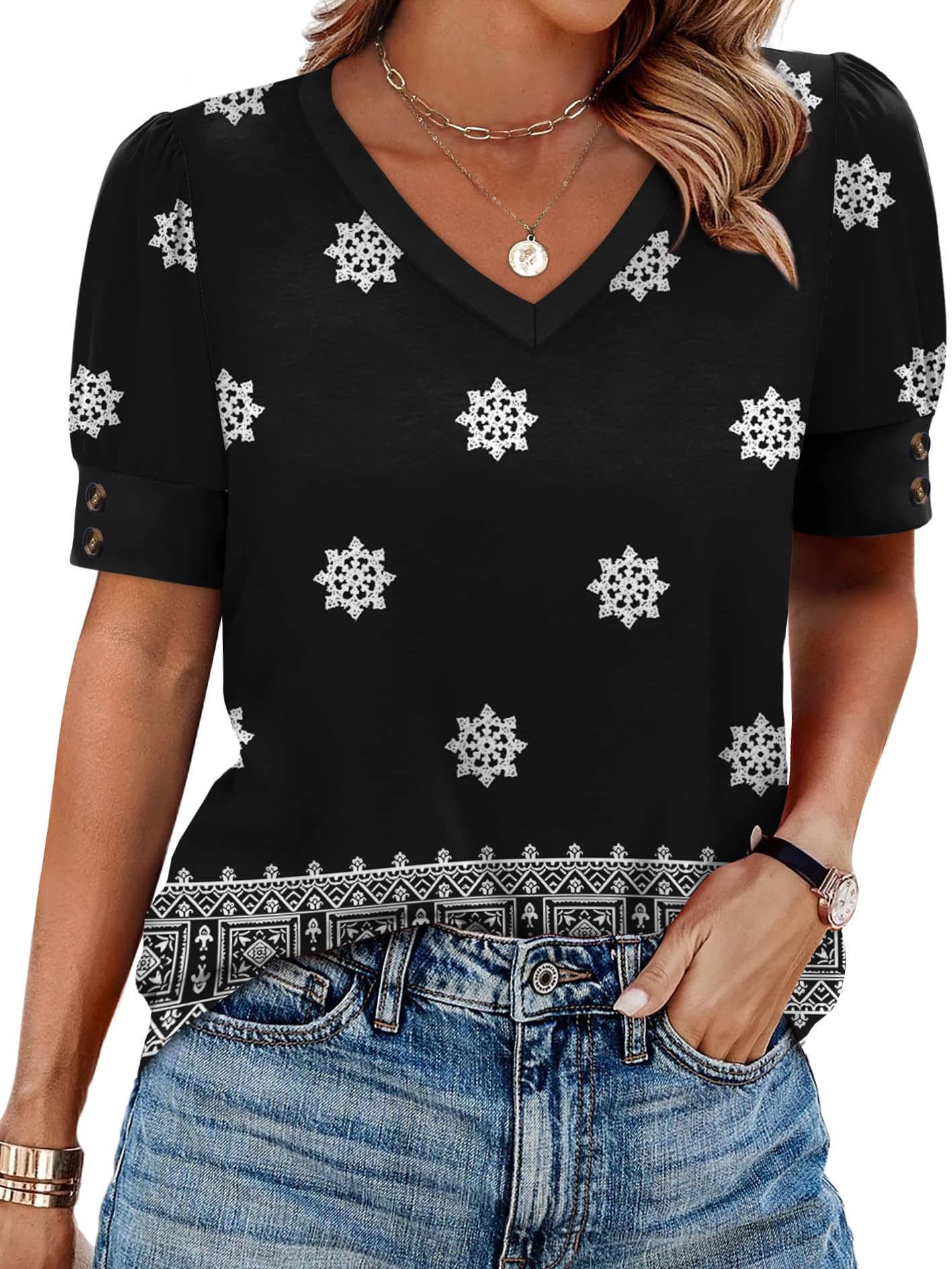 OFEEFAN Womens Tops Short Sleeve Shirts Buttons V Neck Spring Fashion Summer Outfits Plus Size Blouses Dressy Casual