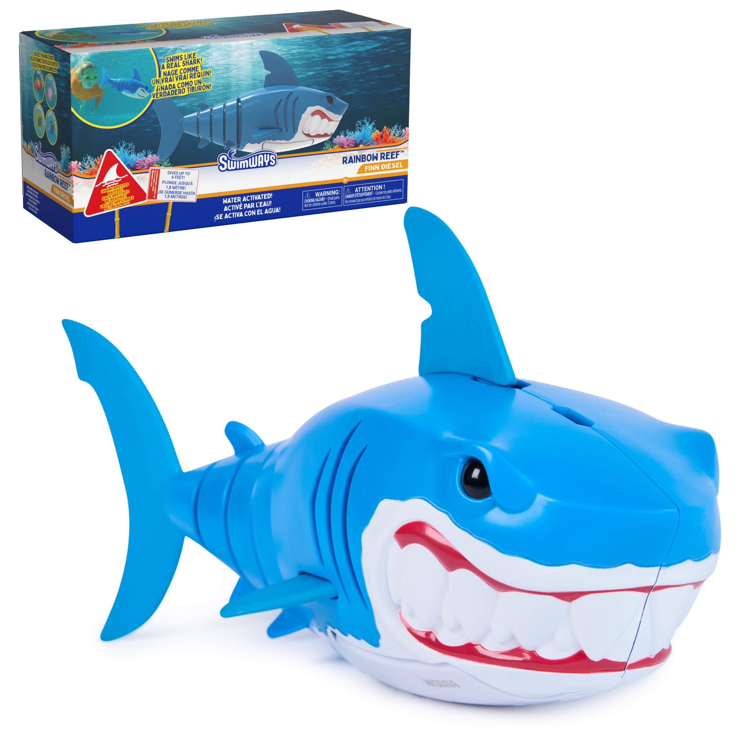 SwimWays Rainbow Reef Shark Toy, Finn Diesel Kids Shark Pool Toy and Swimming Accessory, Self-Activated Water Toys, Learn to Swim Pool Toys for Kids Ages 5 & Up (Batteries Included)